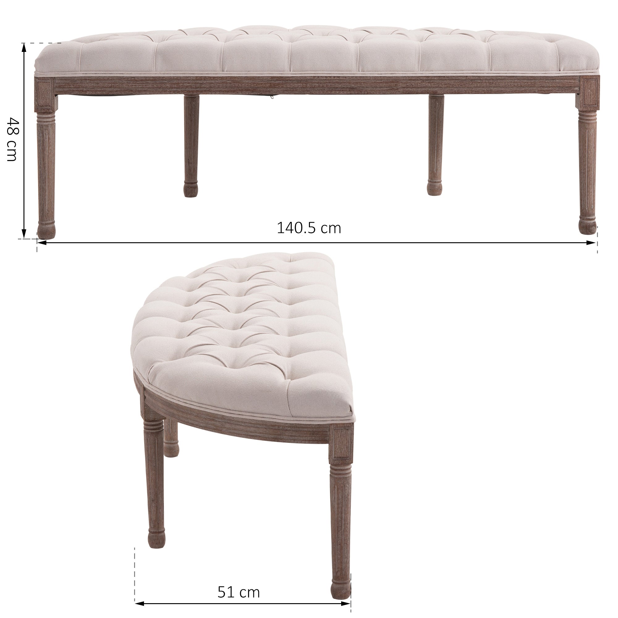 Half-Circle End Bench Ottoman Footstool Tufting Padded Seat Brushed Wood Base Antique Accents Home Seat Furniture Cream White-2