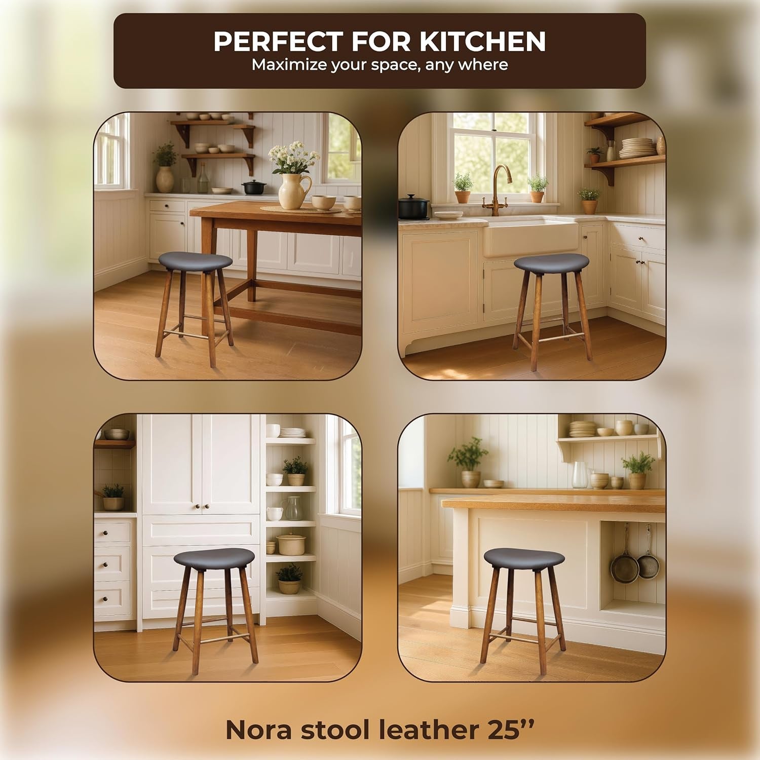 Collage of kitchen scenes with a wooden stool, emphasizing its versatility in different kitchen settings.