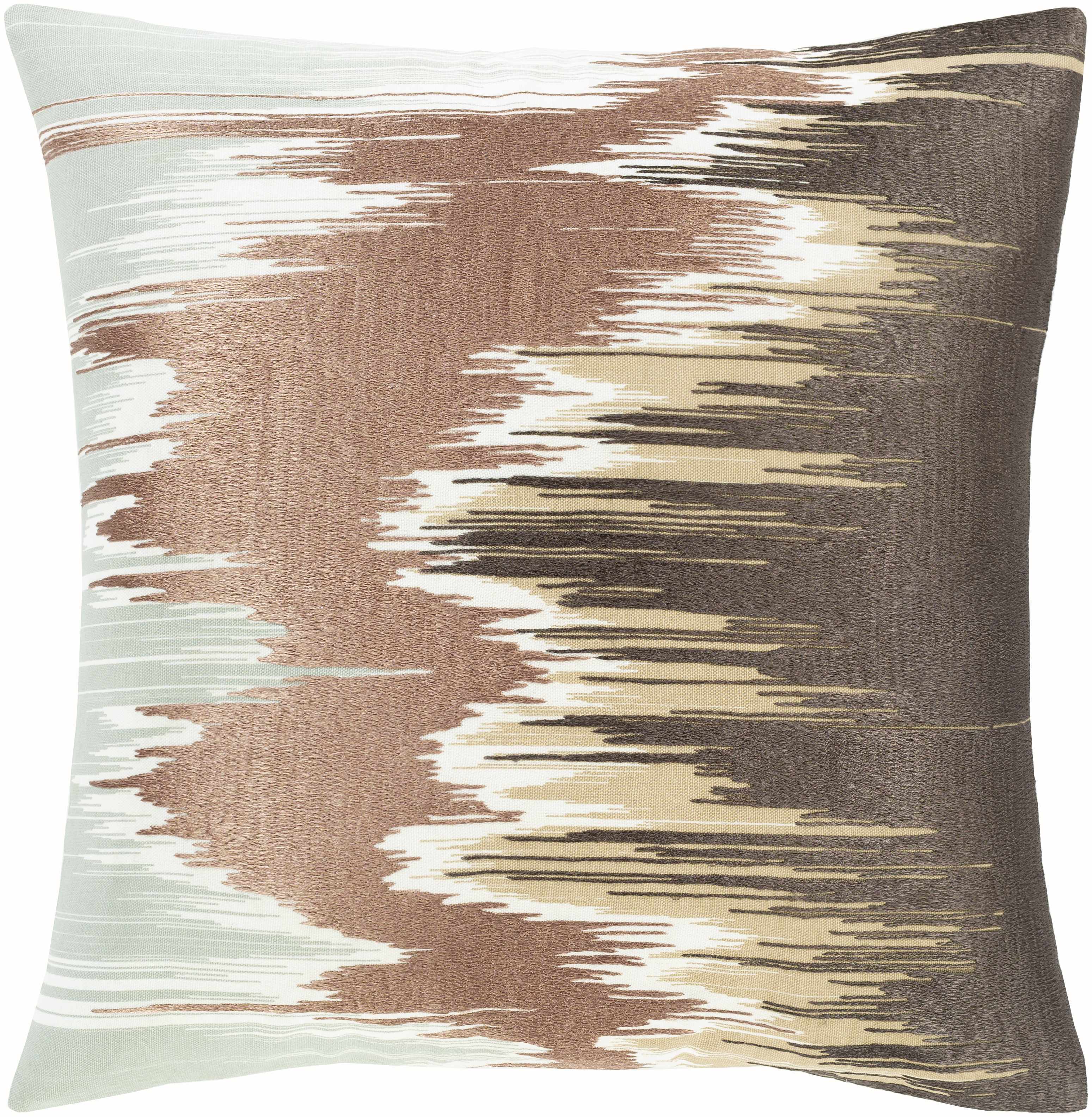 Decorative pillow with abstract pattern in brown, beige, and white on a white background