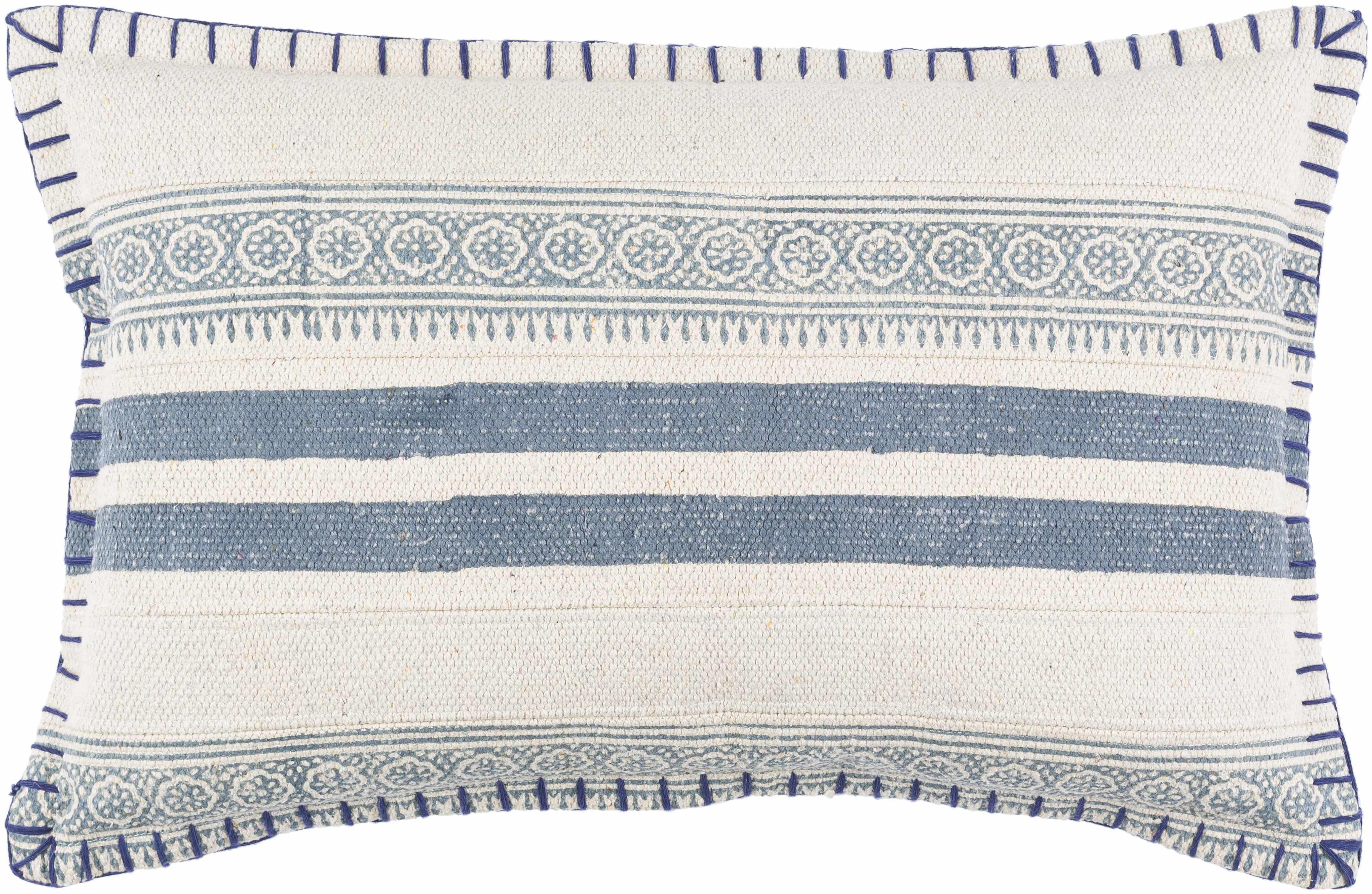 Decorative pillow with blue and white striped pattern on a white background