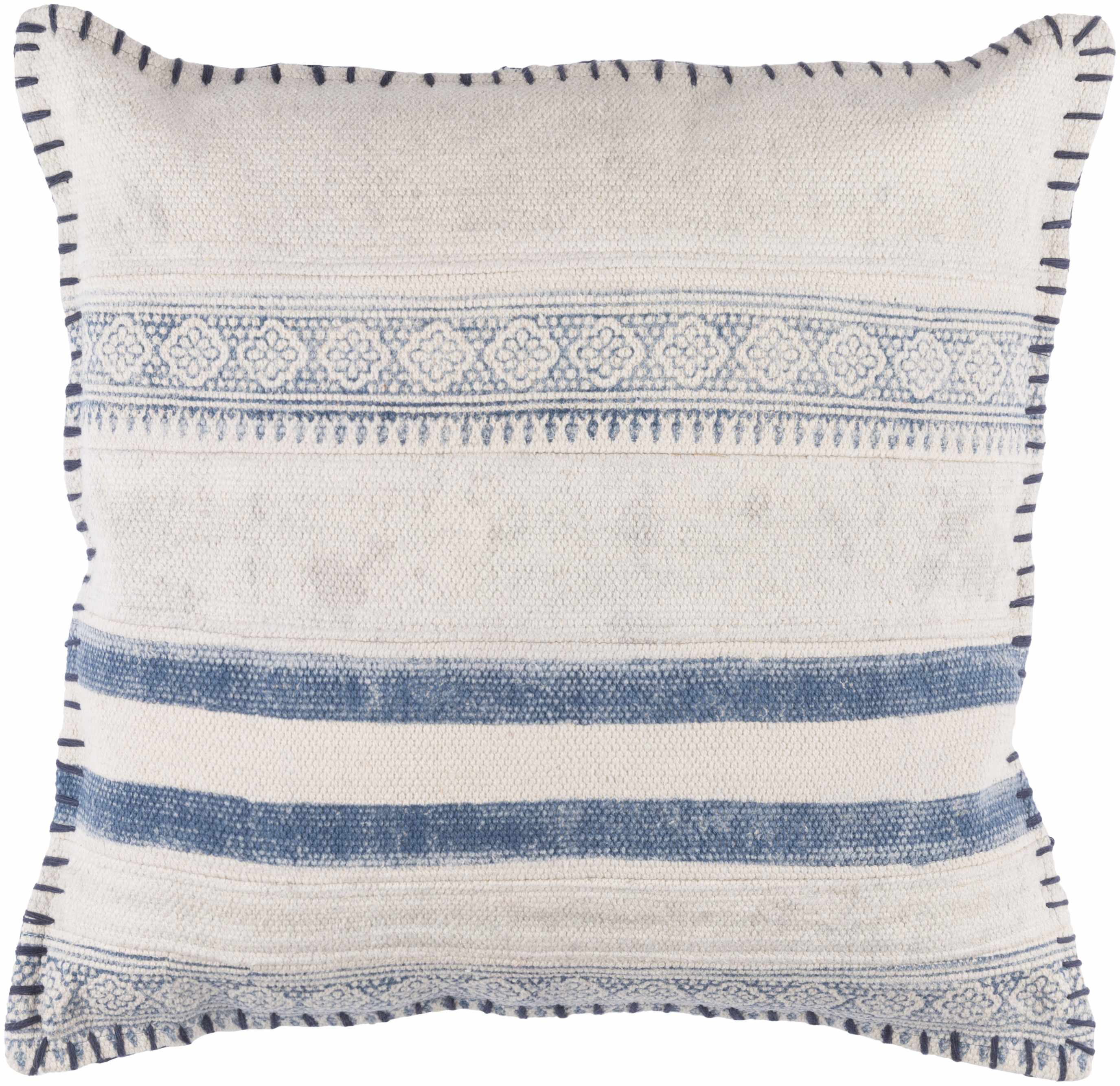 Decorative pillow with blue and white stripes and patterns on a plain background