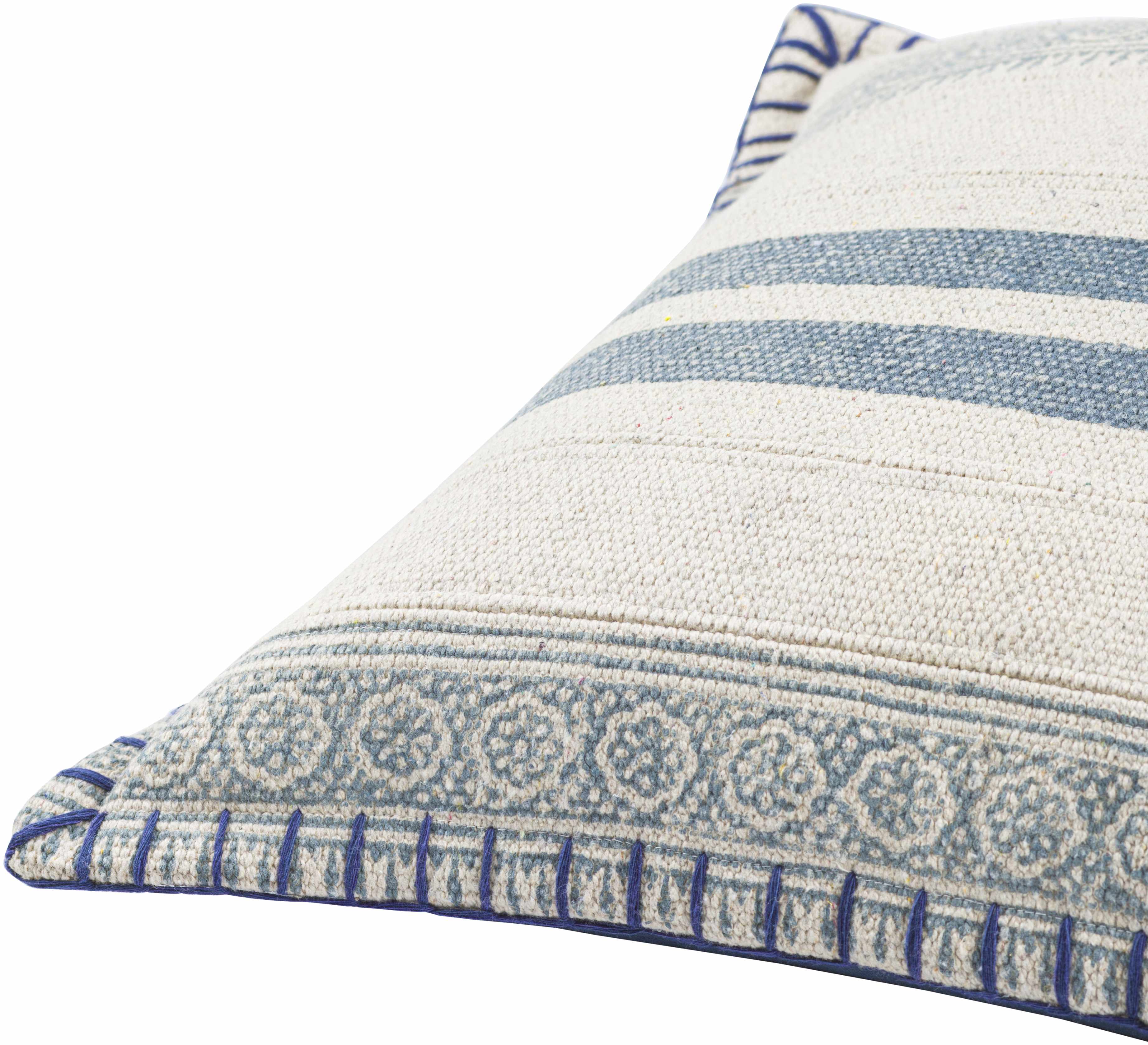 Close-up of a decorative pillow with blue and white stripes and patterns on a white background