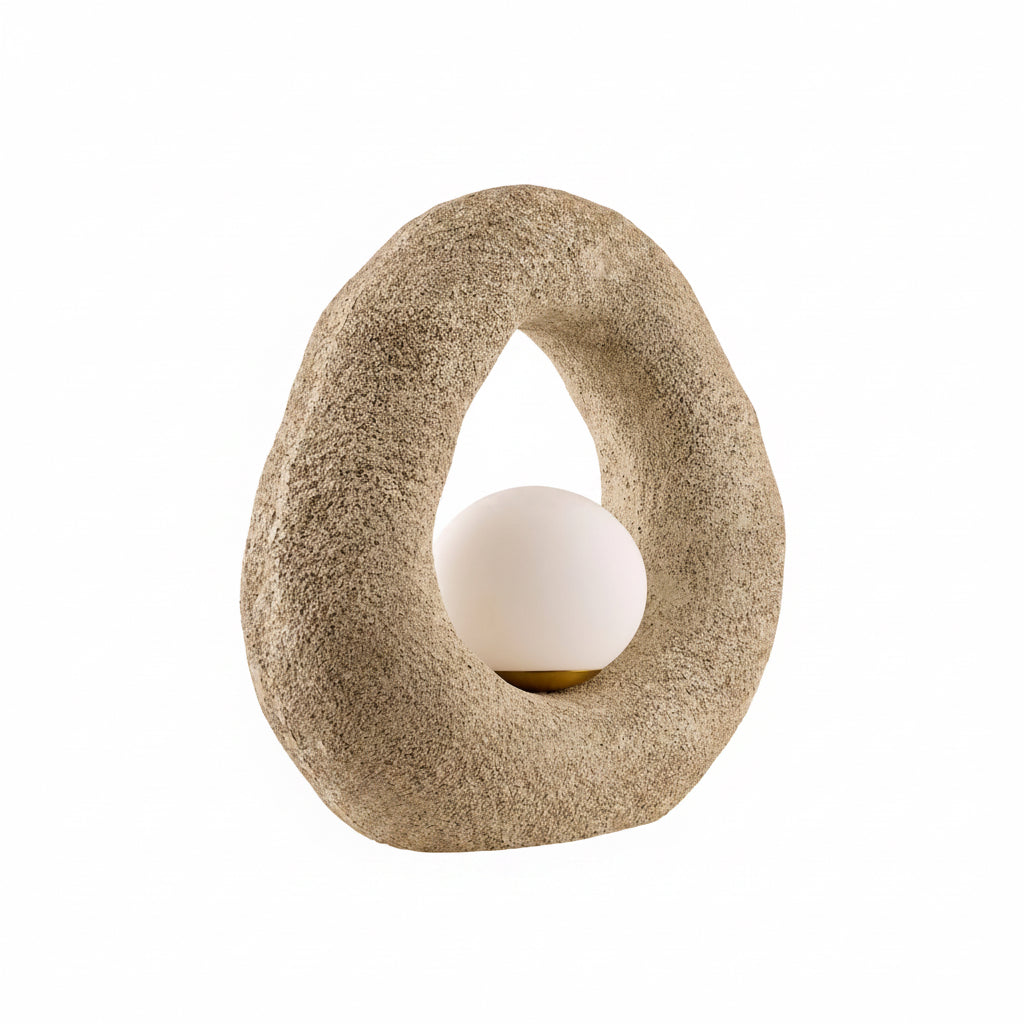 Beige textured lamp with a white bulb on a white background
