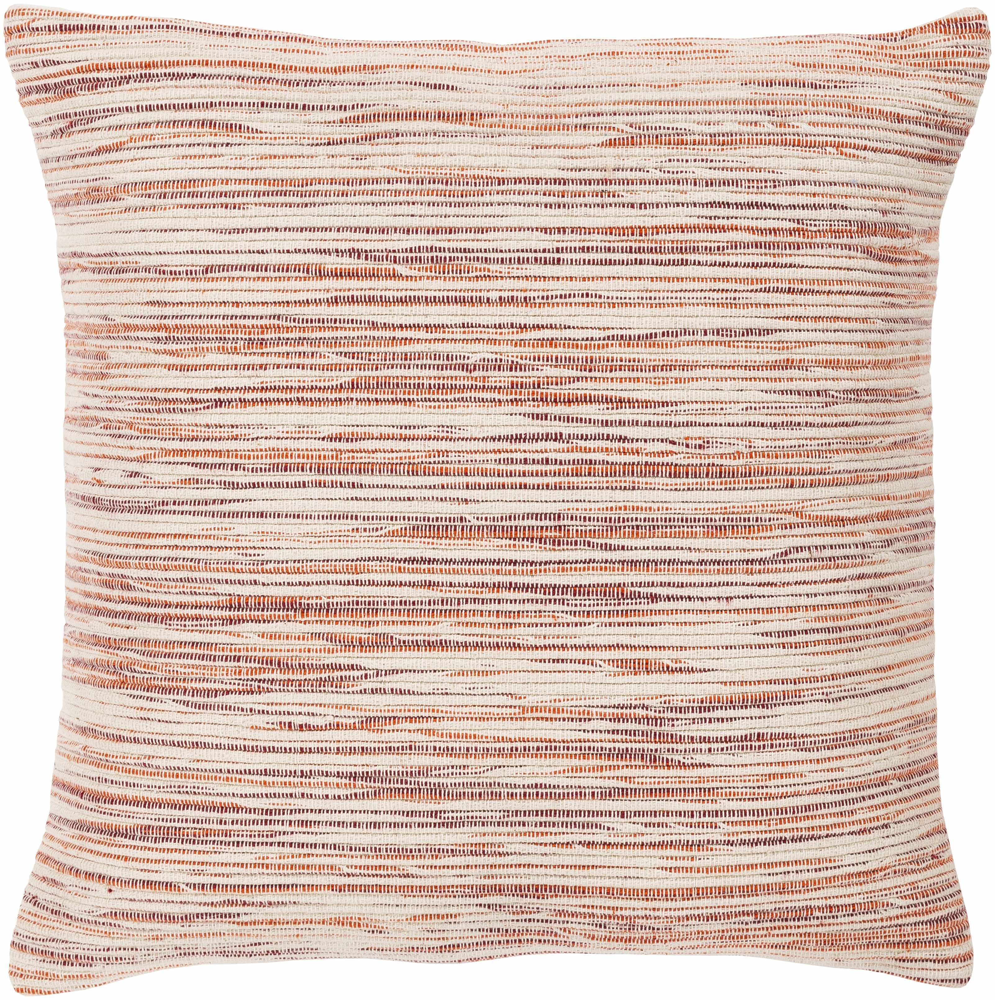 Textured pillow with a pattern of horizontal lines in shades of orange and beige on a white background