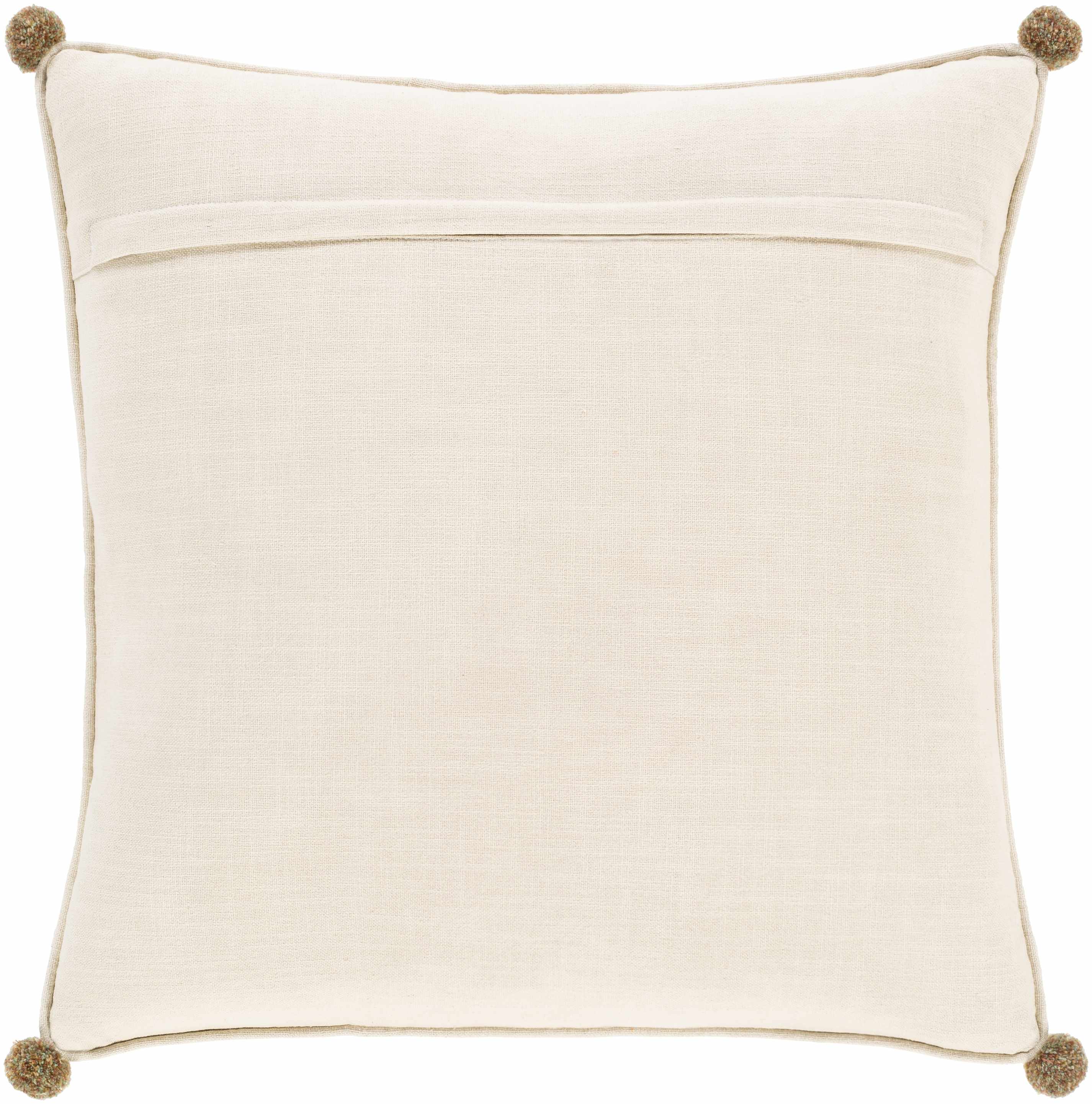 Beige pillow with pom-pom trim on a white background