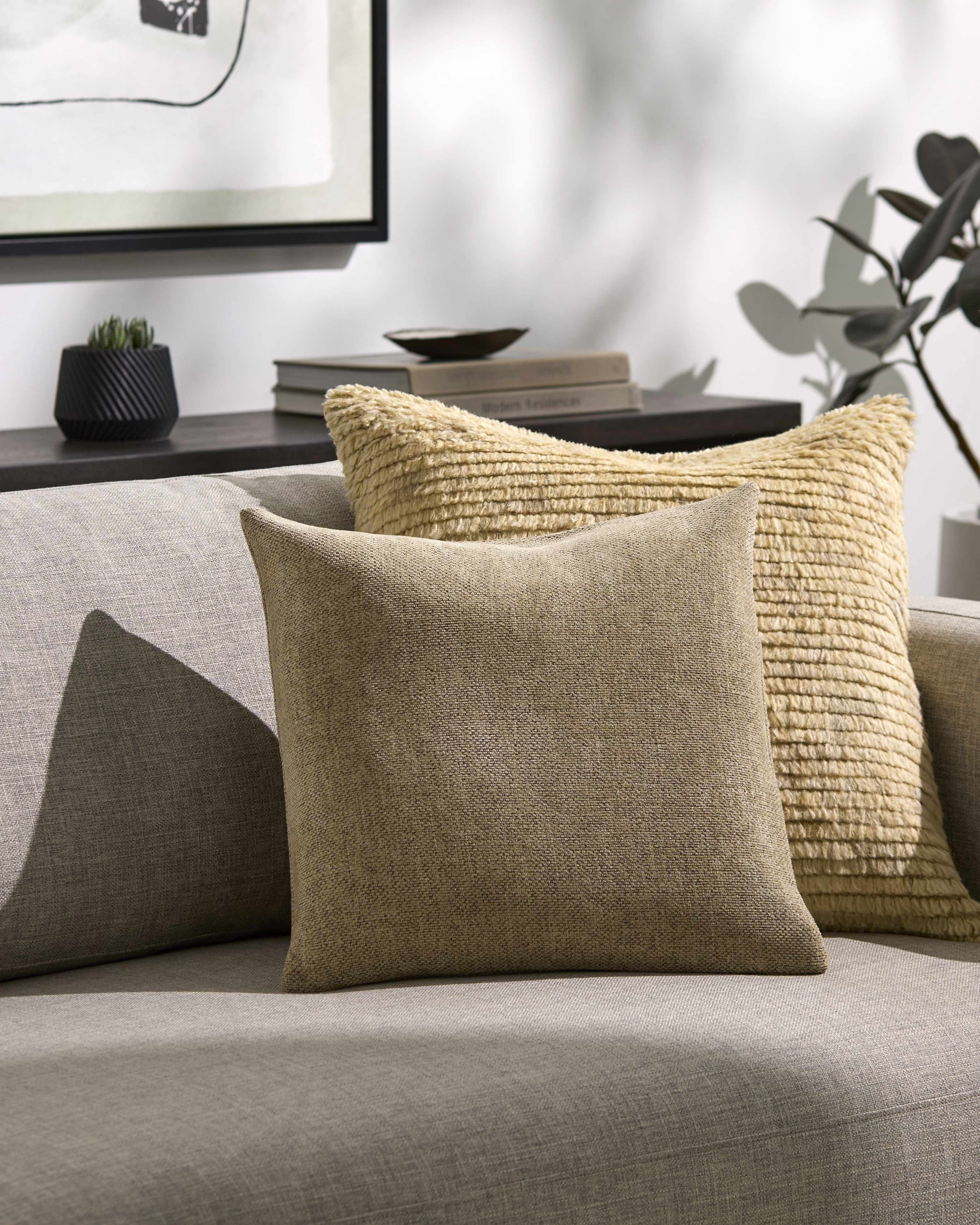 Textured throw pillows on a sofa with a blurred background