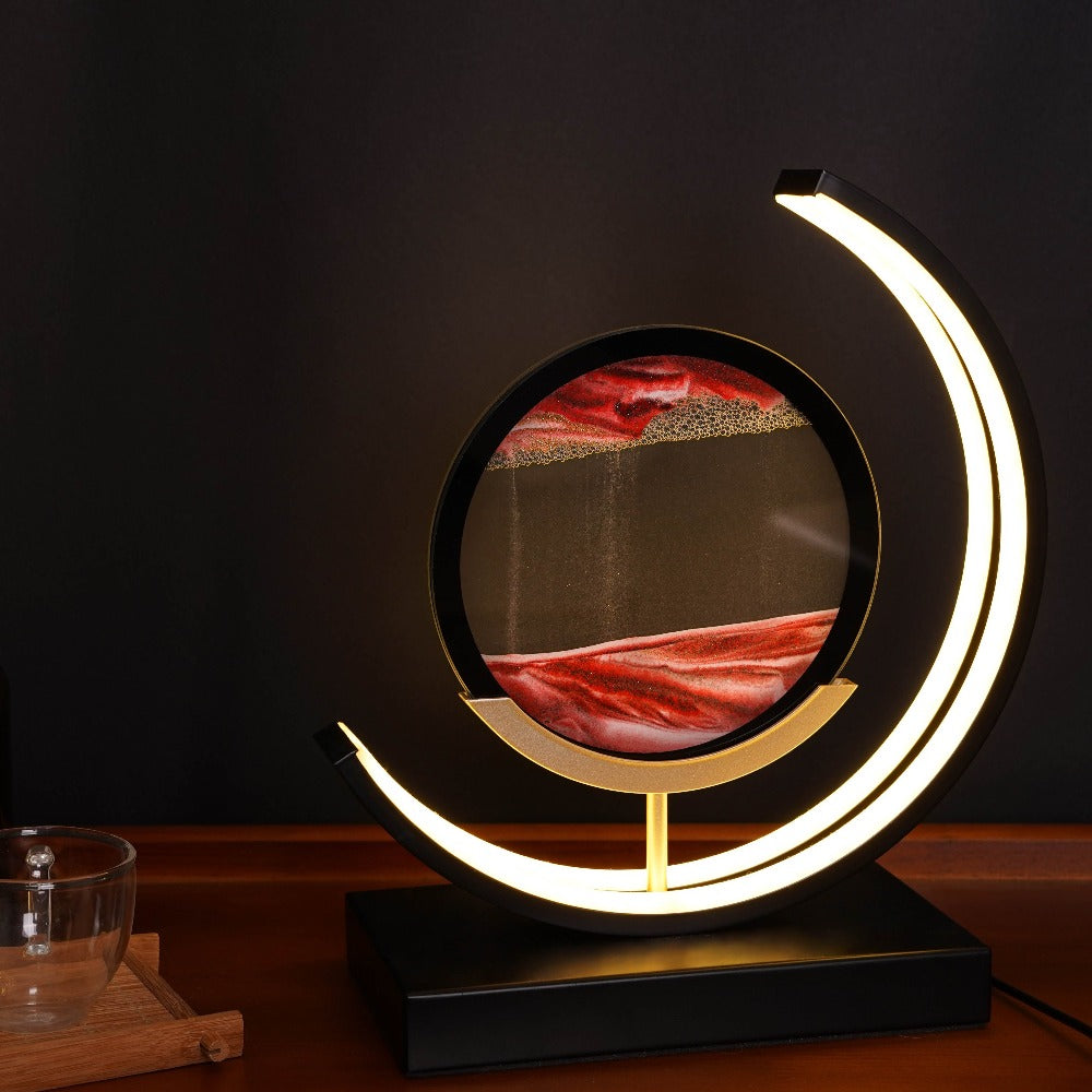 Decorative lamp with a crescent moon design on a dark background