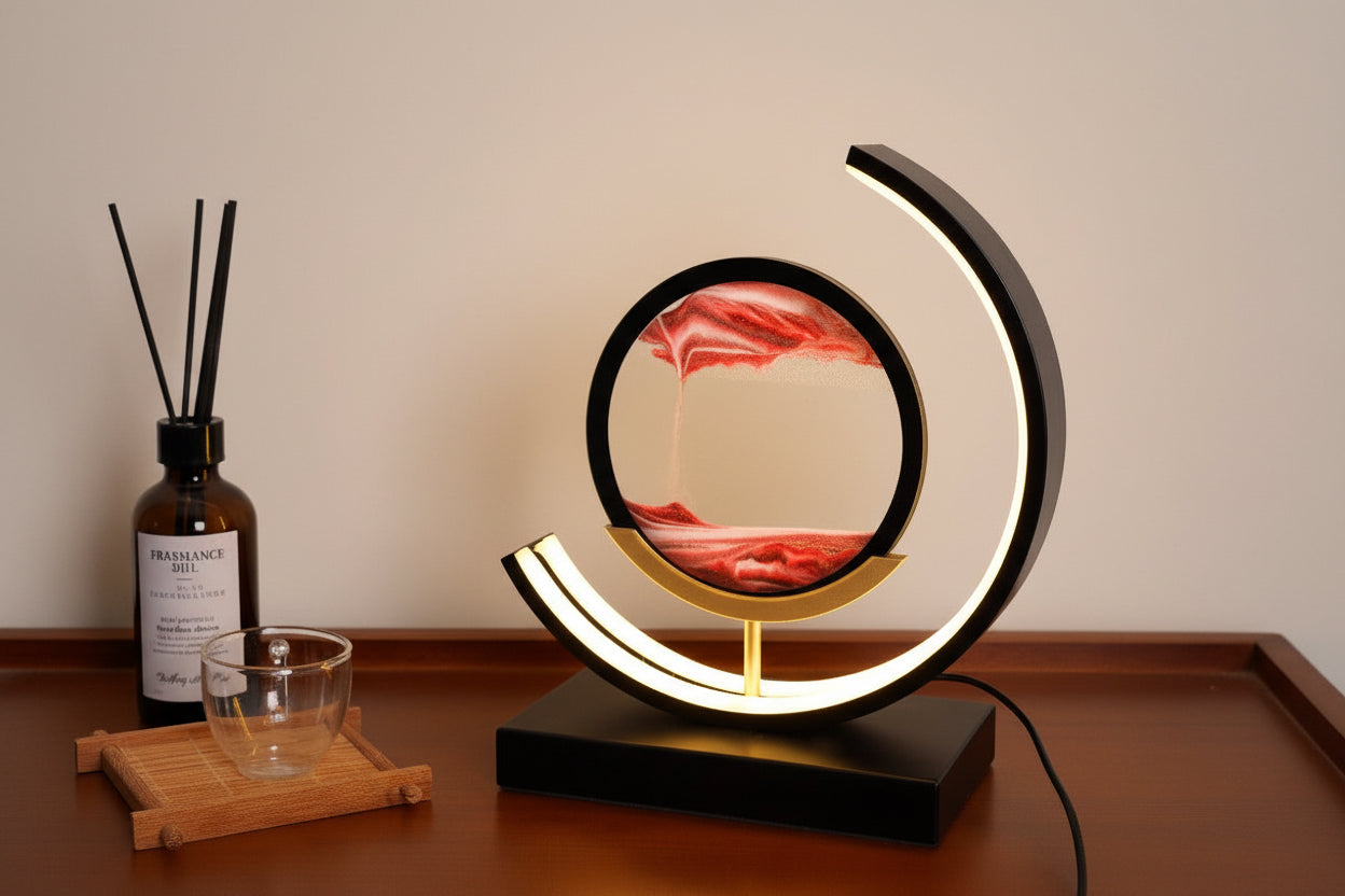 Decorative lamp with a circular design on a wooden surface against a dark stone wall.