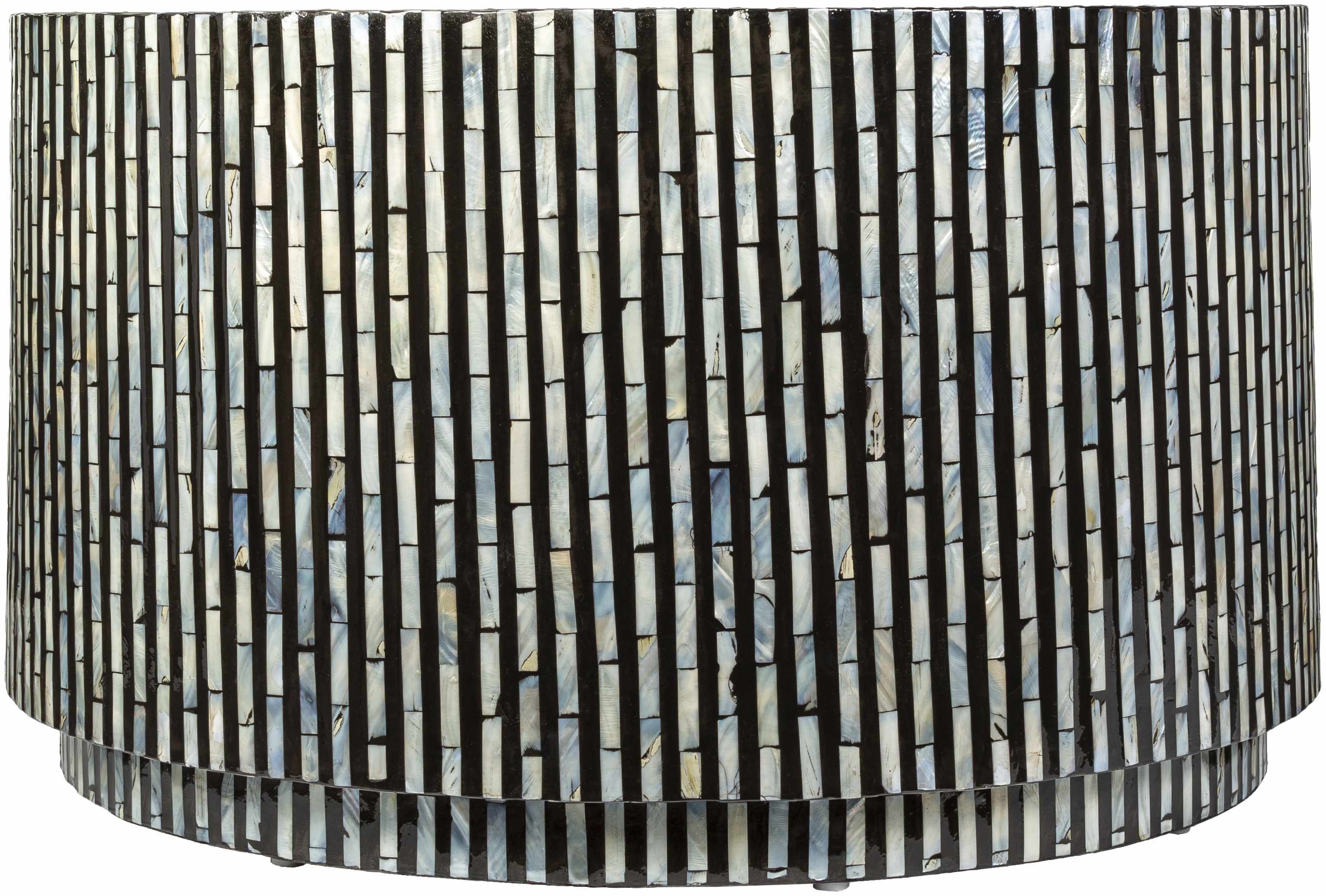 Cylindrical container with black and white striped pattern
