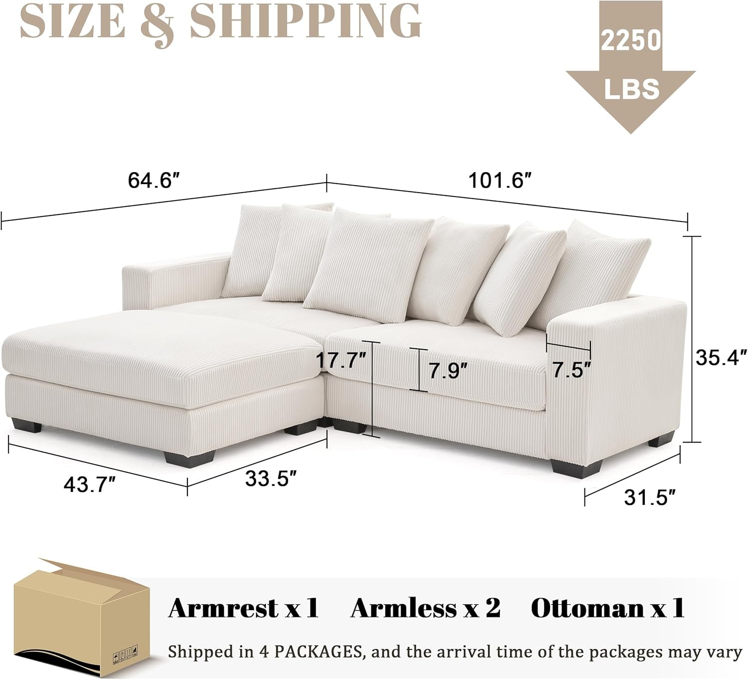 White sectional sofa with dimensions and weight label on a white background