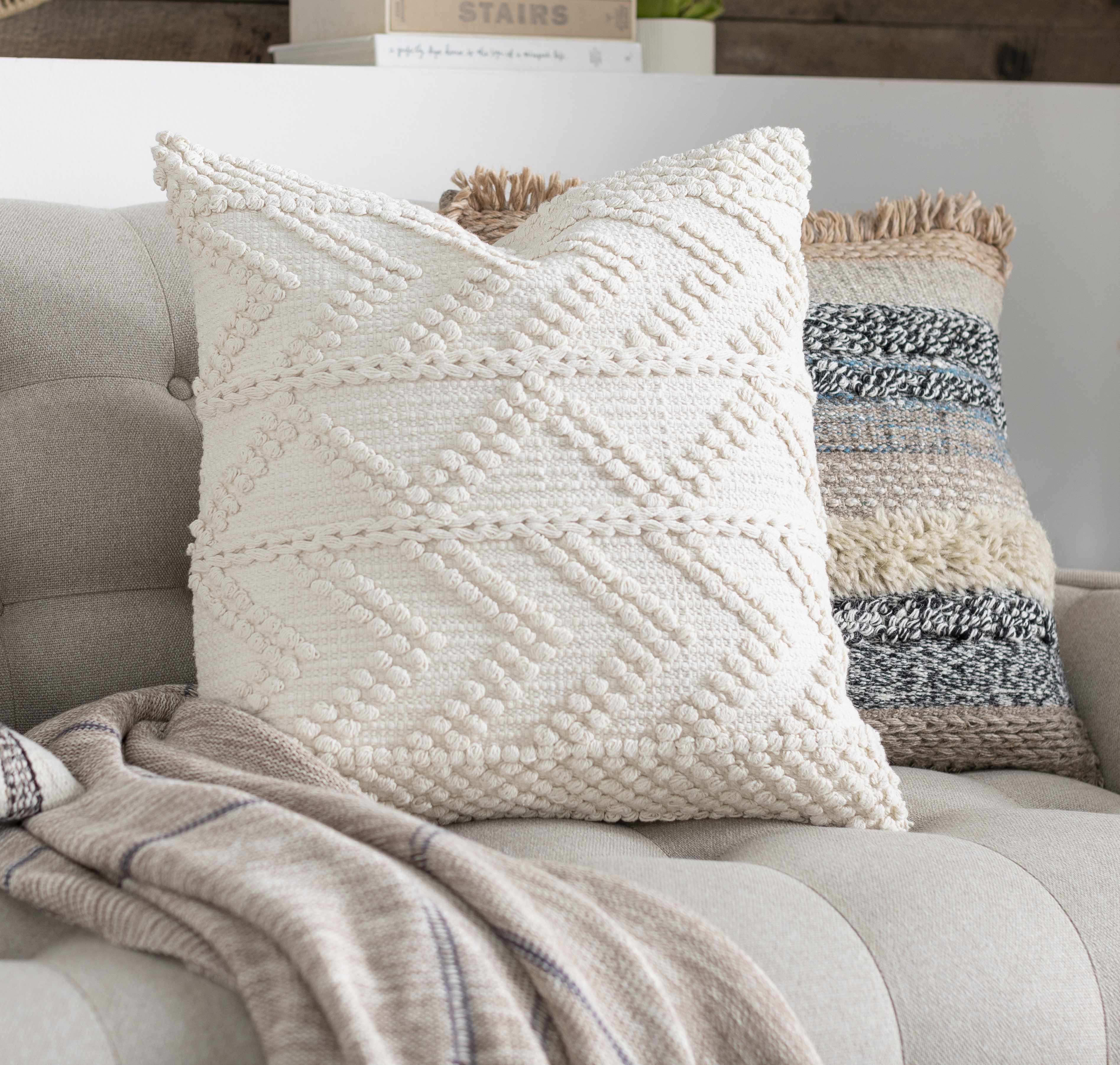 Sumiton White Textured Crochet Cotton Throw Pillow-0
