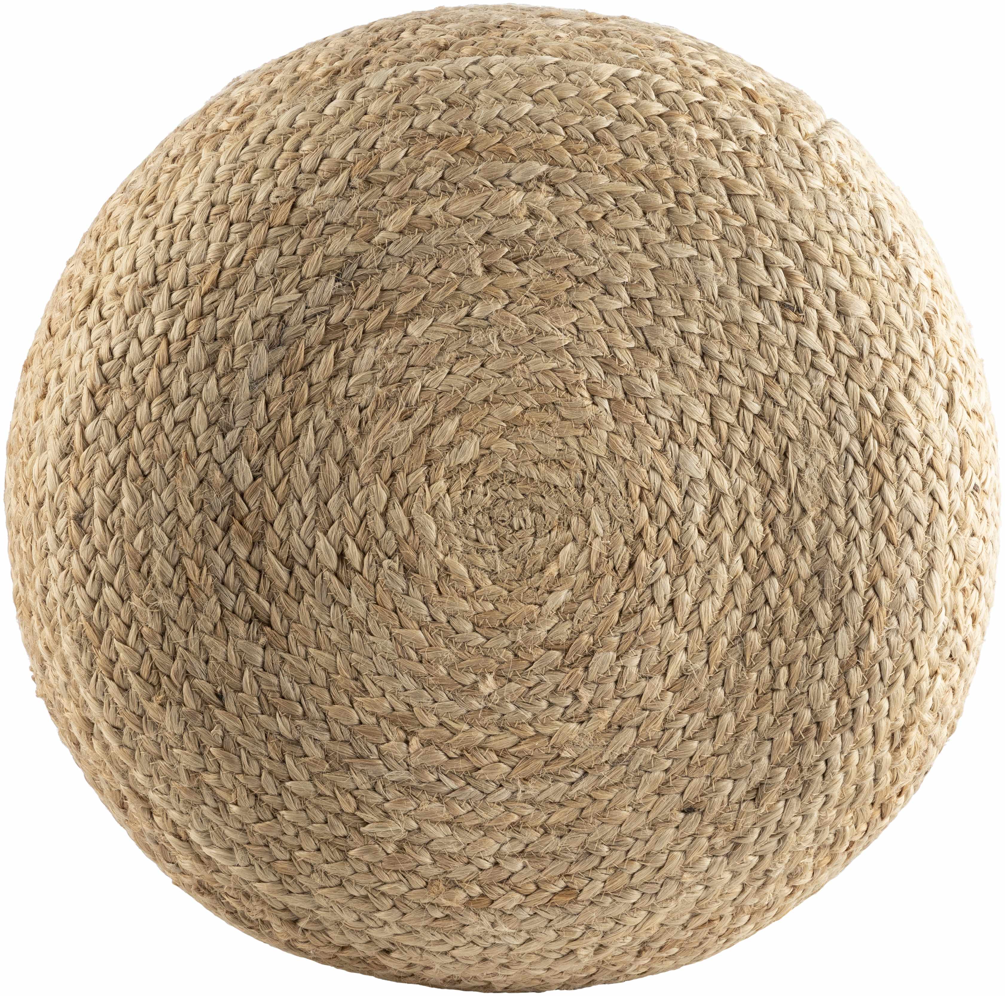 Round woven jute ottoman on a white background