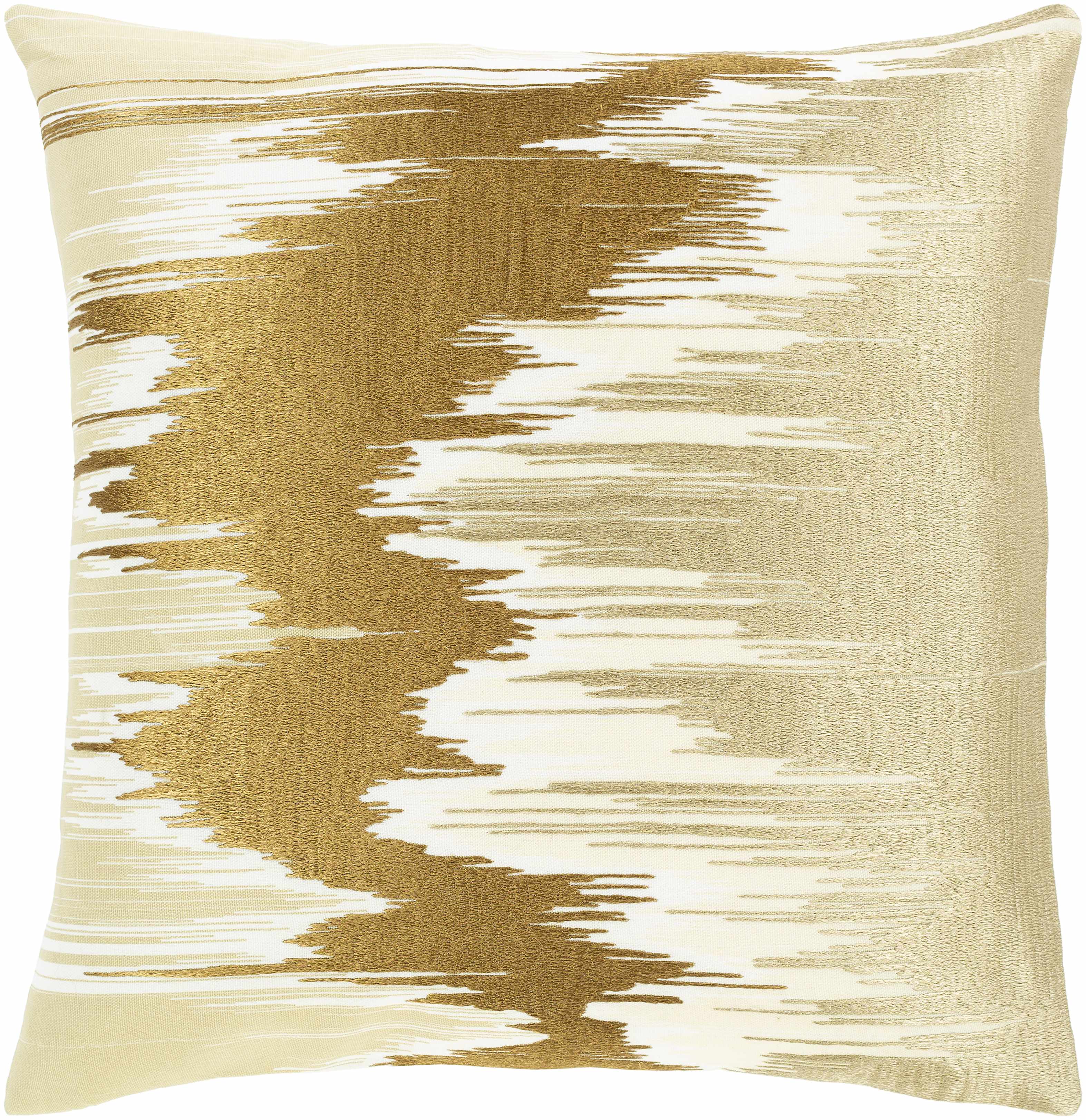 Decorative pillow with abstract gold and beige pattern on a white background