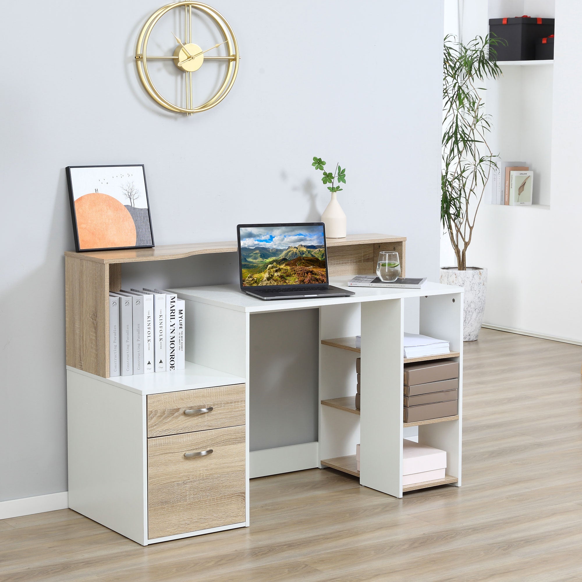 Computer Desk PC Table Modern Home Office Writing Workstation Furniture Printer Shelf Rack w/ Storage Drawer & Shelves (Oak and white)-3