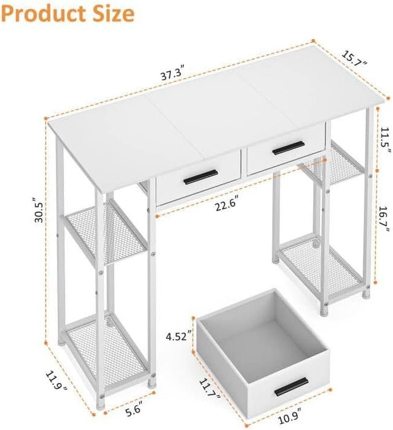 White desk with dimensions labeled on a white background