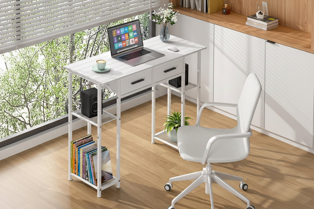 Home office desk with storage shelves, laptop, and chair in a room with a window view.