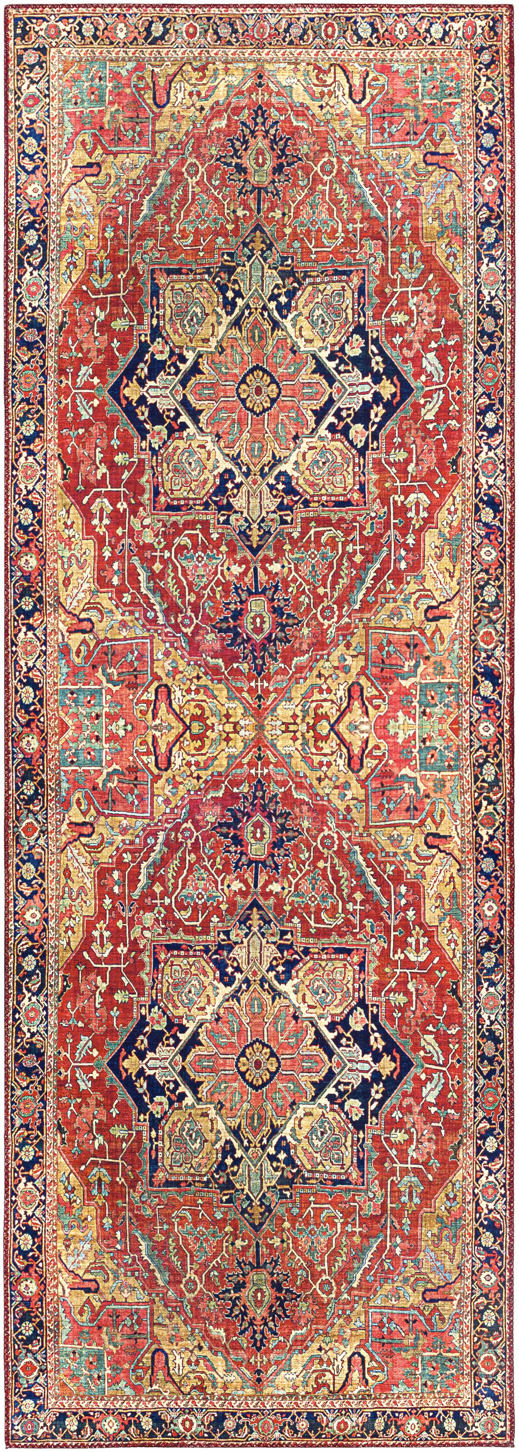 Decorative rug with intricate patterns in red, blue, and beige on a plain background