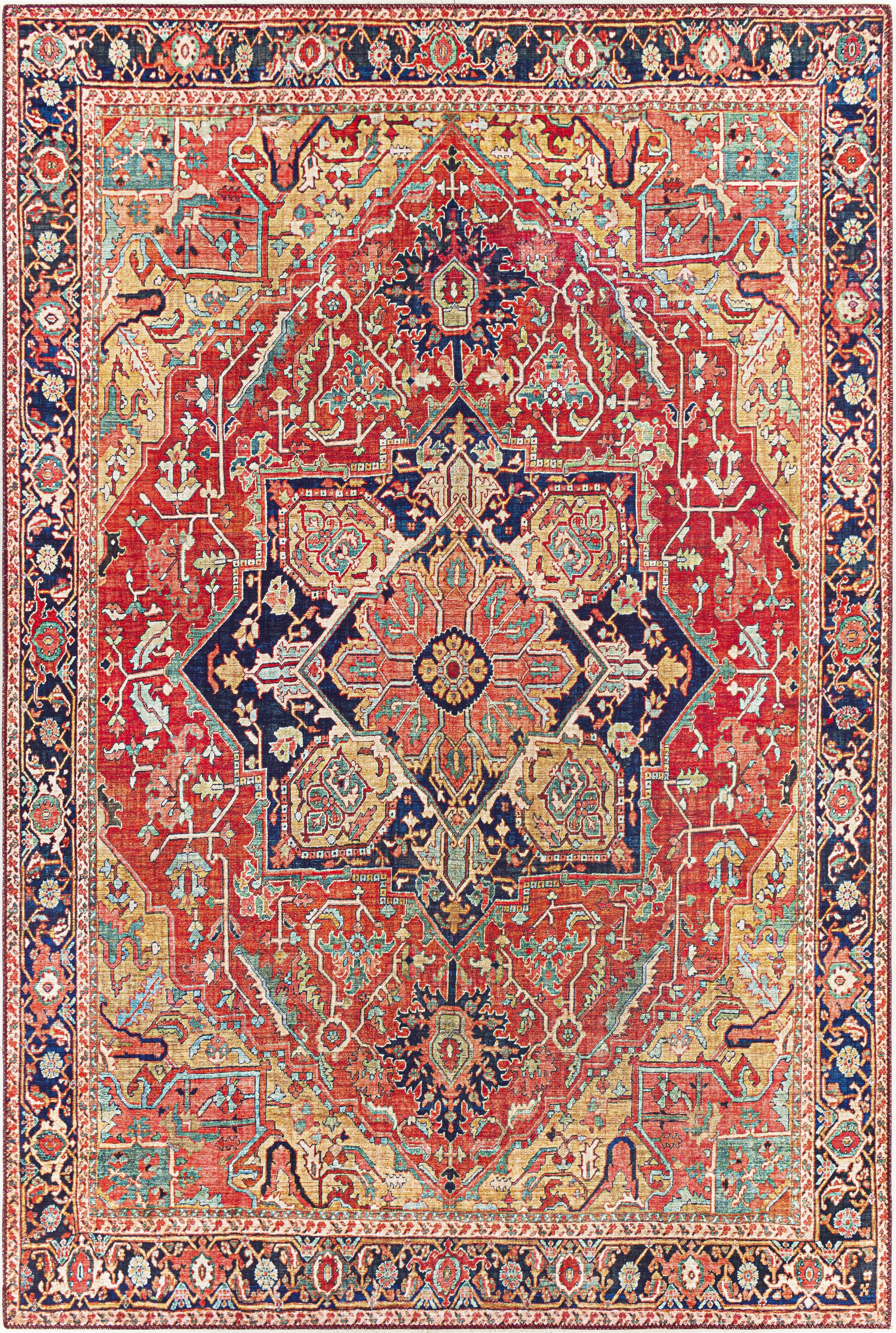 Decorative rug with intricate patterns in red, blue, and gold on a dark background