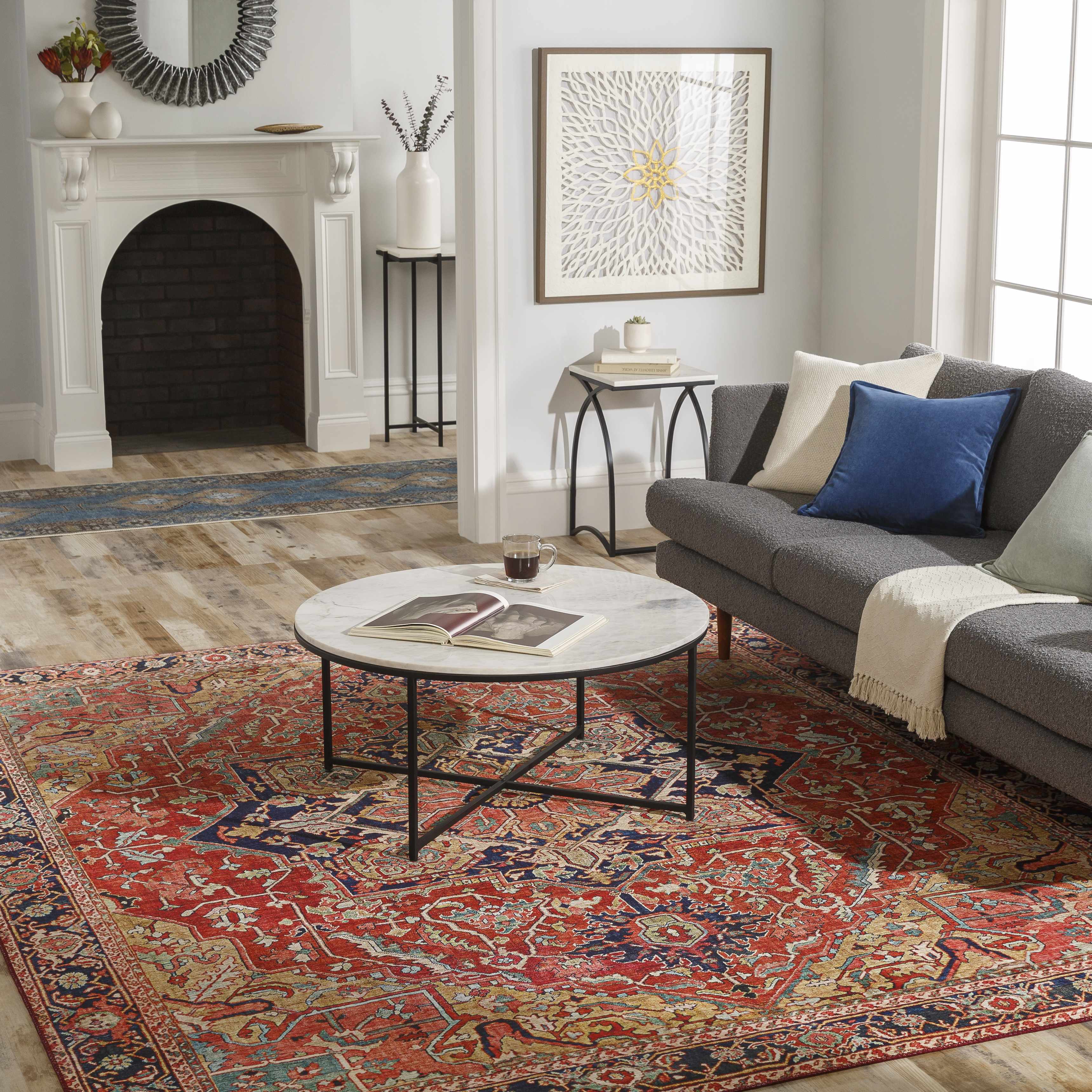 Living room with gray sofa, round coffee table, and decorative rug.