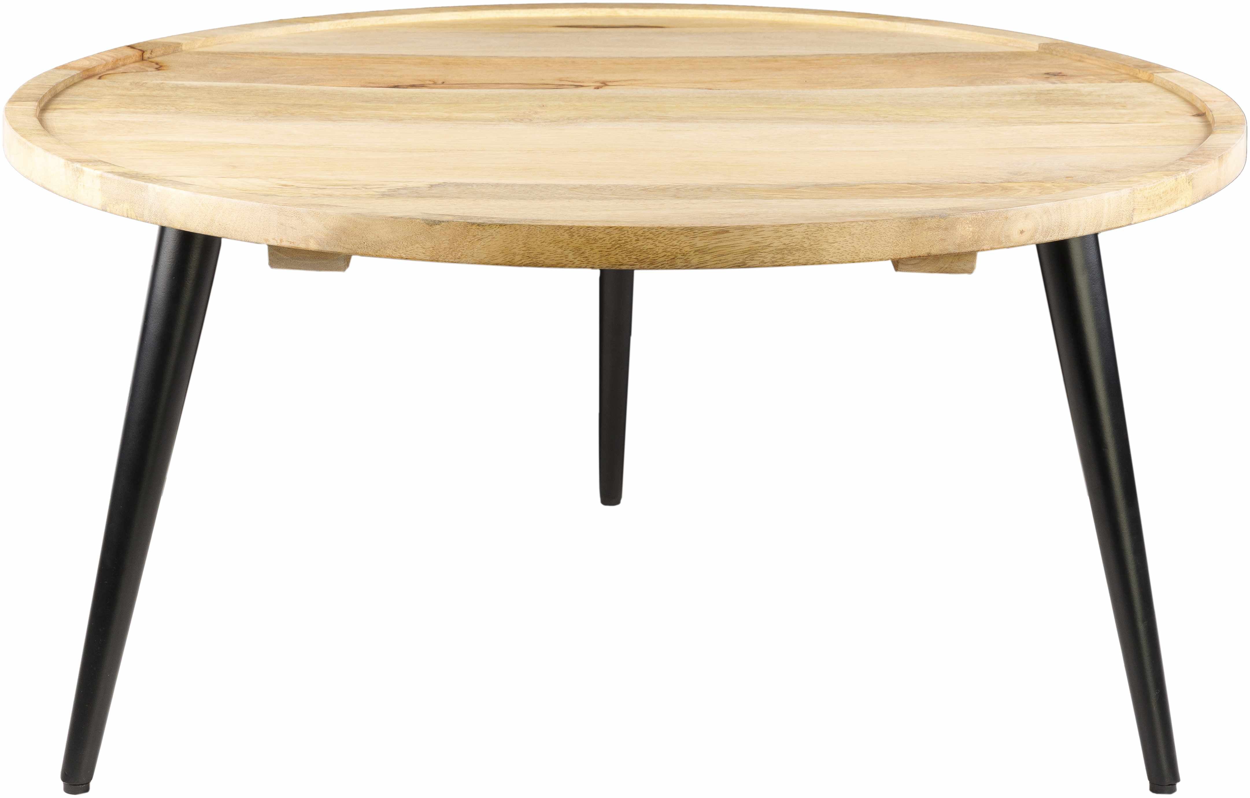 Round wooden coffee table with black legs on a white background