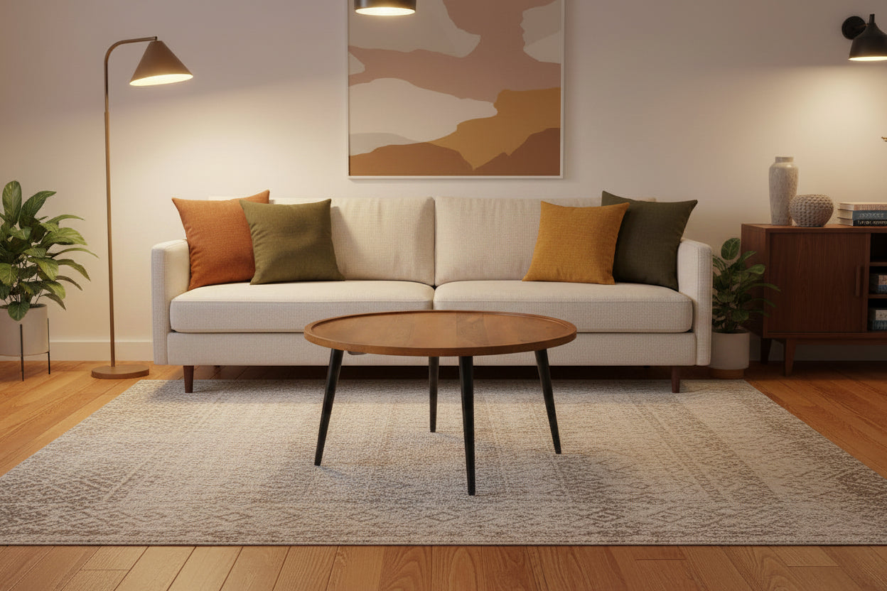 Wooden round table with black legs on a white background