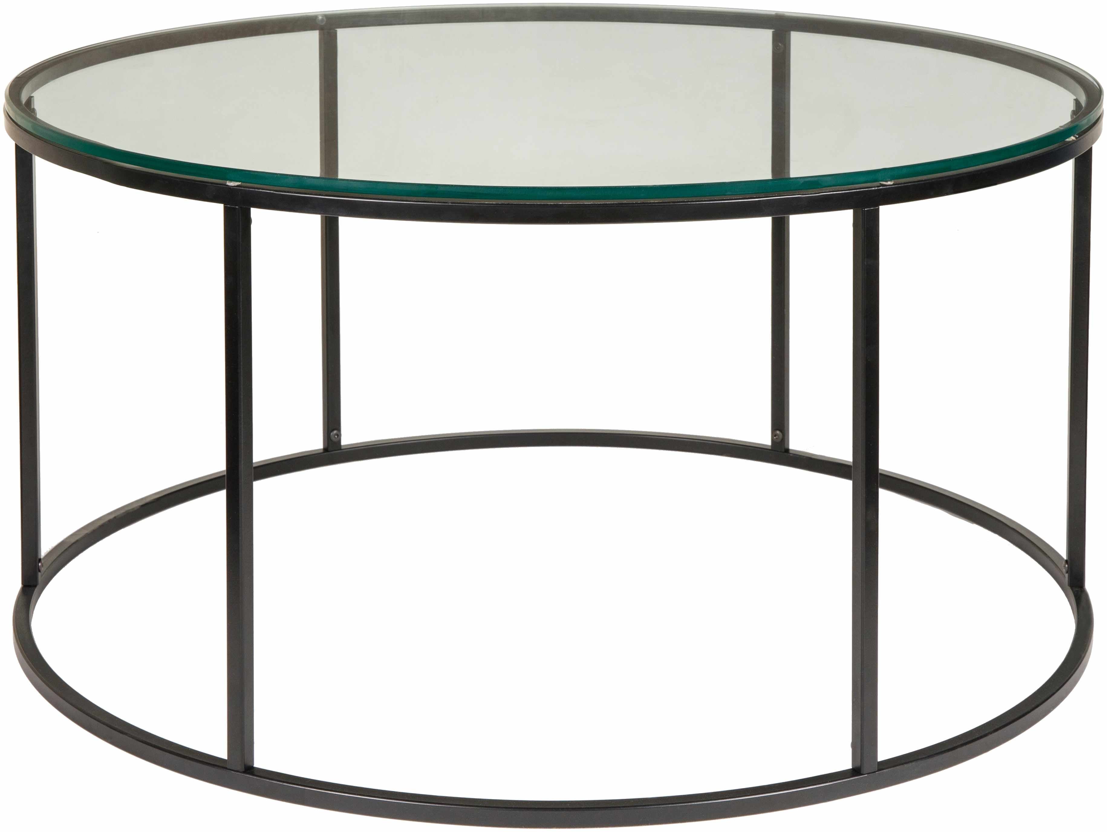 Round glass coffee table with black metal frame on a white background