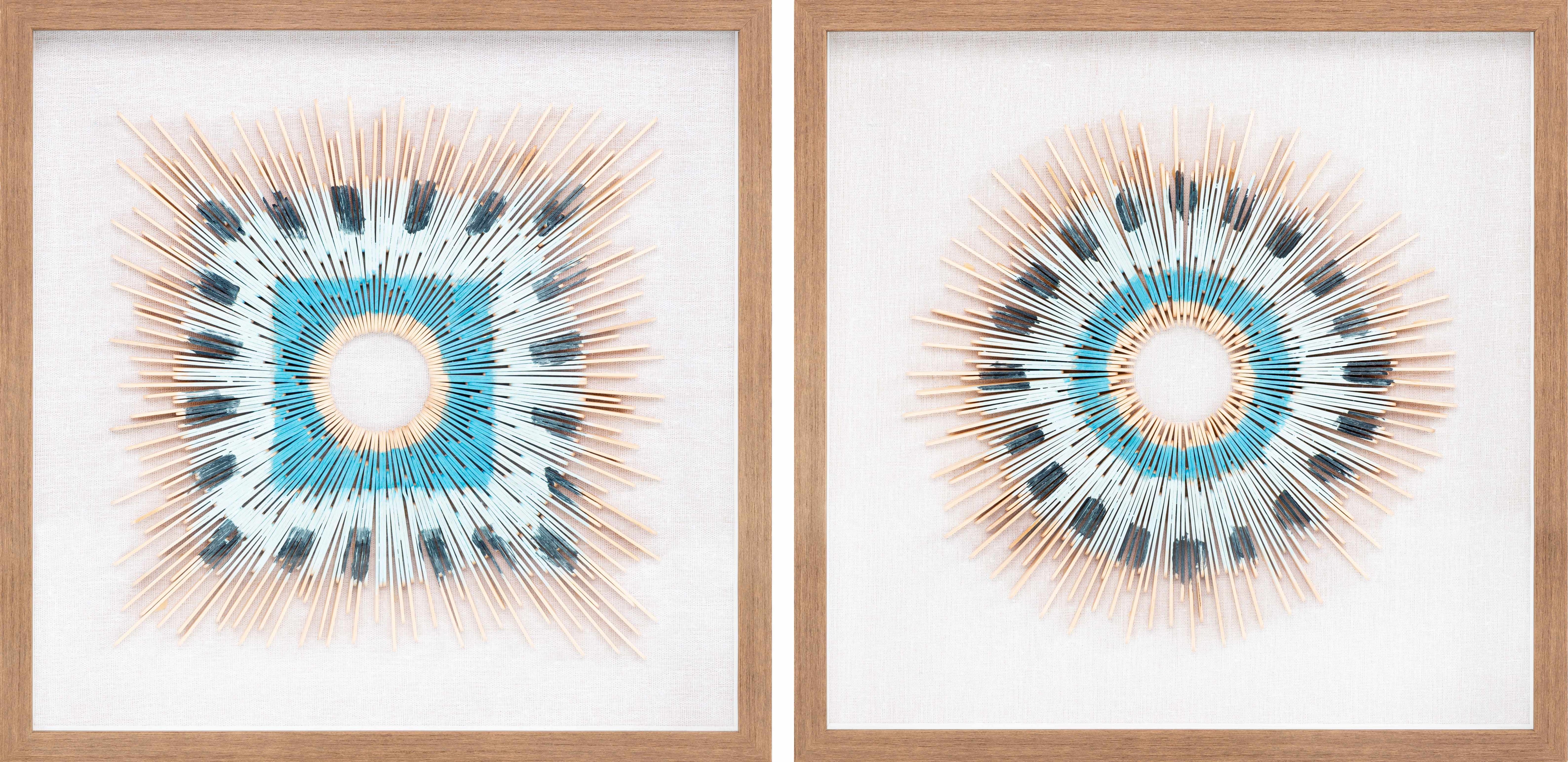 Two framed mandala art pieces with concentric circles and a central blue circle.