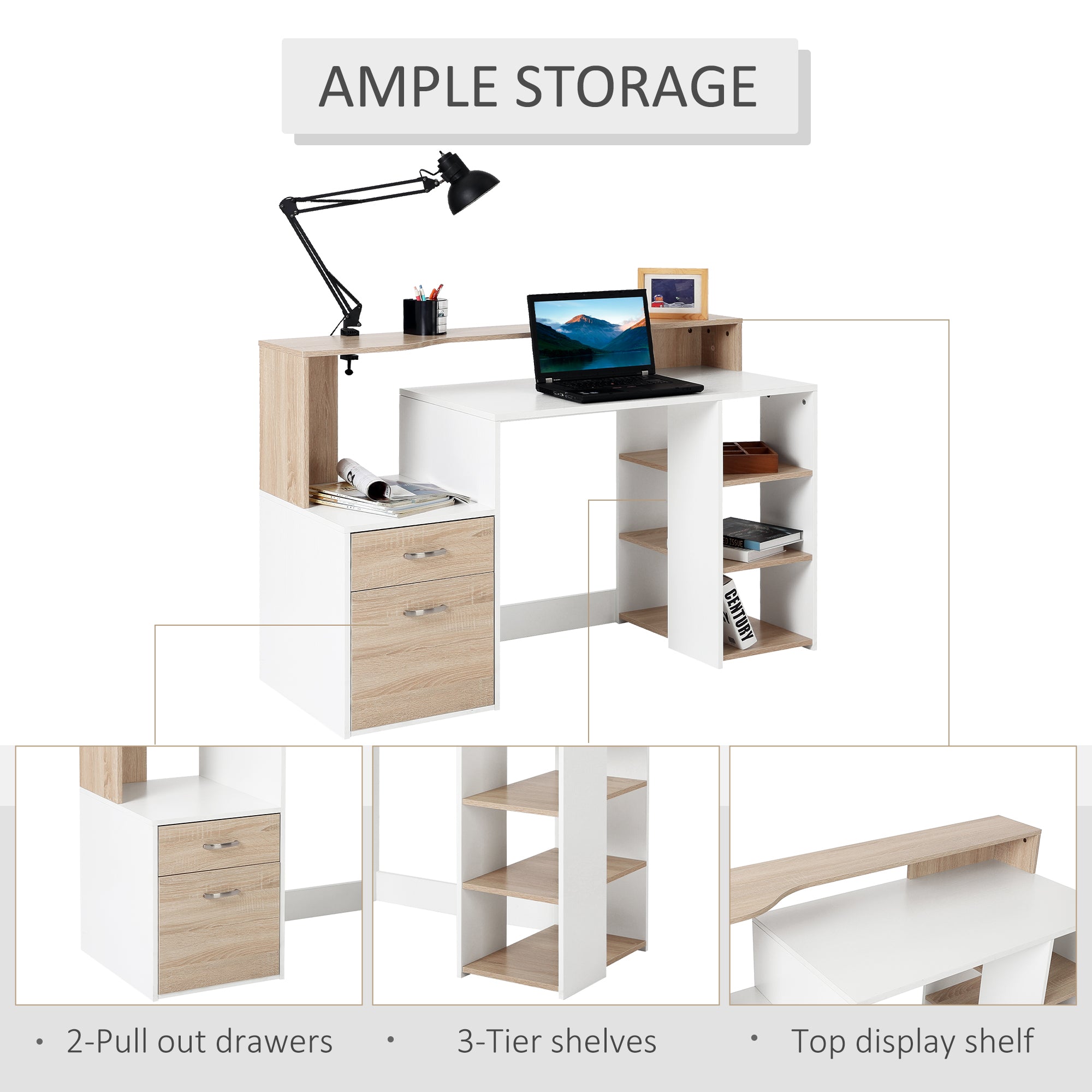 Computer Desk PC Table Modern Home Office Writing Workstation Furniture Printer Shelf Rack w/ Storage Drawer & Shelves (Oak and white)-4