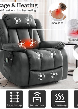 Dual Motor Large Power Lift Recliner Chair Recliners for Elderly, Infinite Position Recliner Chair with Heat and Massage, Breathable Leather(Gray)-2