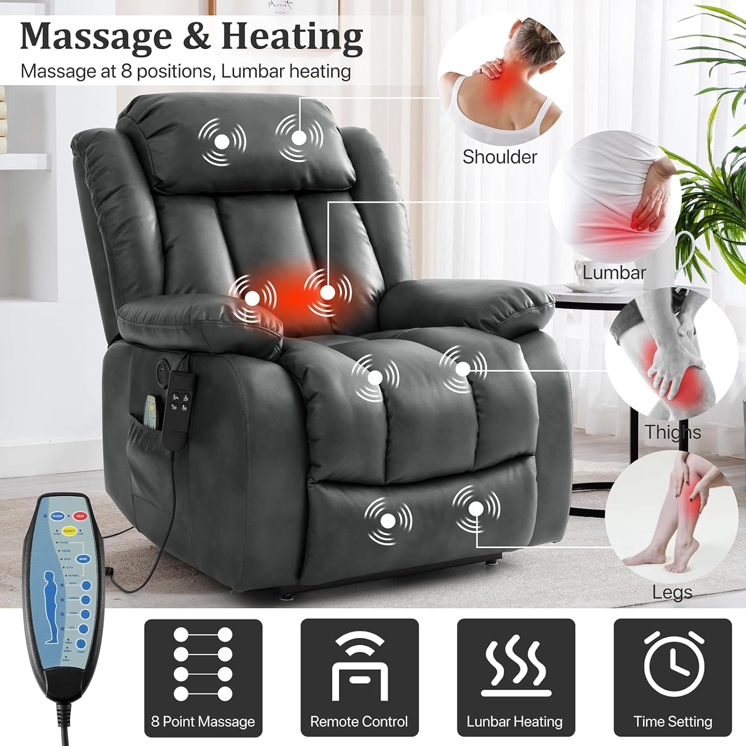 Dual Motor Large Power Lift Recliner Chair Recliners for Elderly, Infinite Position Recliner Chair with Heat and Massage, Breathable Leather(Gray)-2