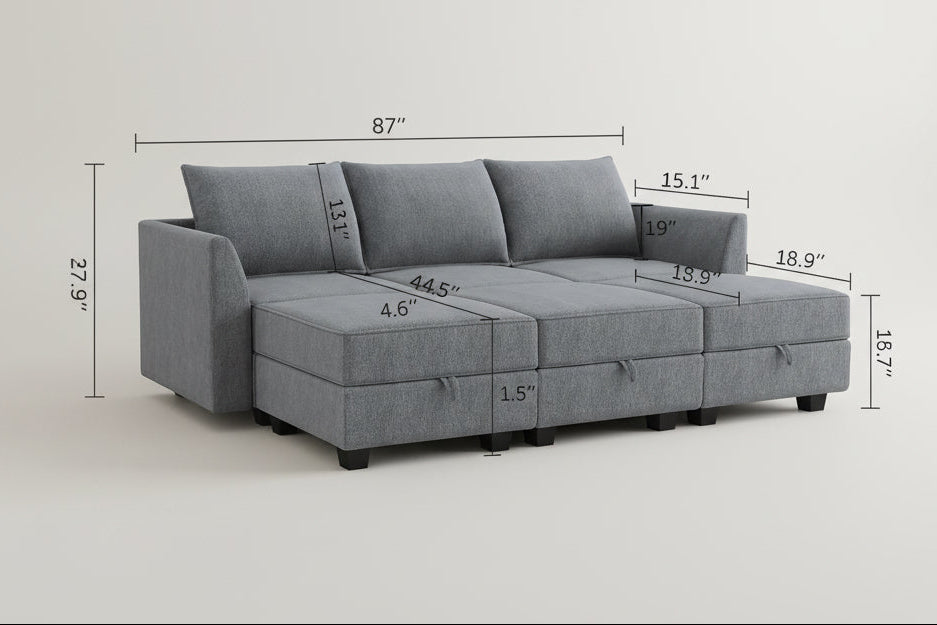 Gray sectional sofa with dimensions labeled on a white background