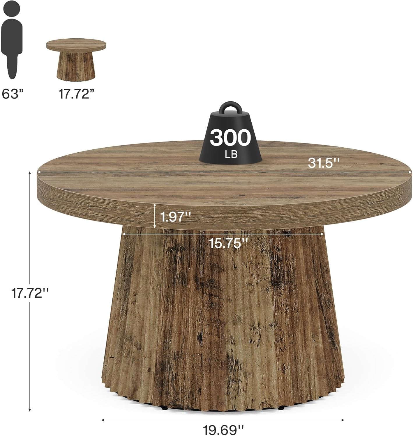 Wooden round table with measurements and weight capacity displayed