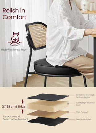 Dining Chairs, Set of 4 Dining Room Chairs with Boho PE Rattan Back, Synthetic Leather Upholstered Accent Chairs for Kitchen Living Room, Ink Black ULDC160B24-4