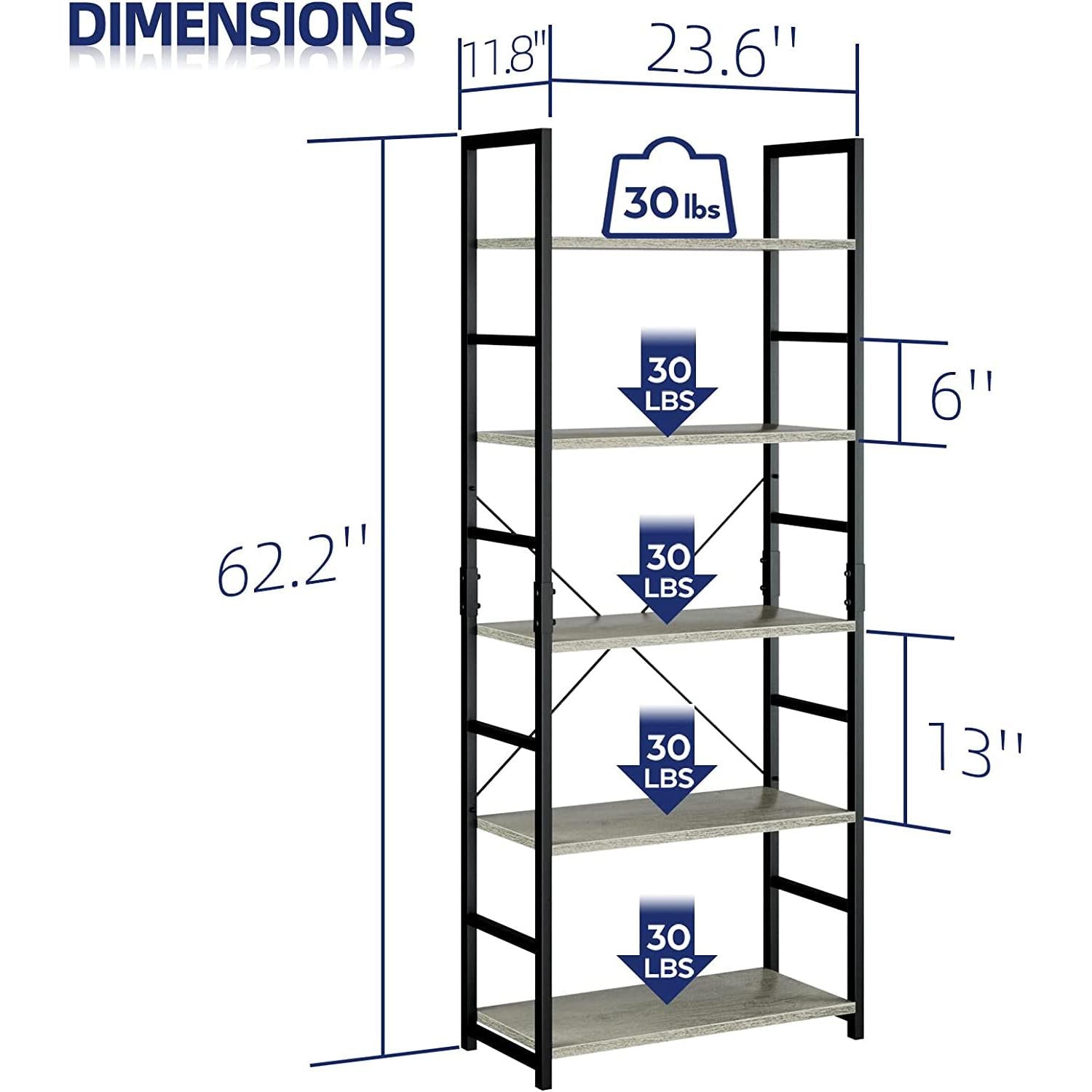 Bookshelf with dimensions and weight capacity indicators on a white background