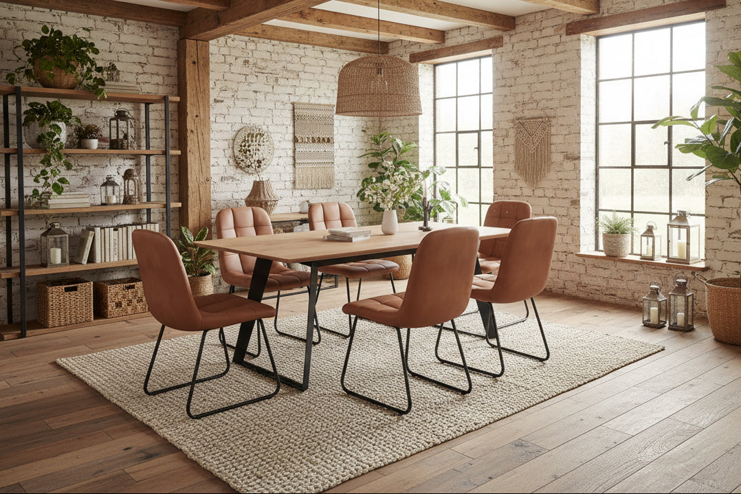 Wooden dining table with six brown chairs on a white background