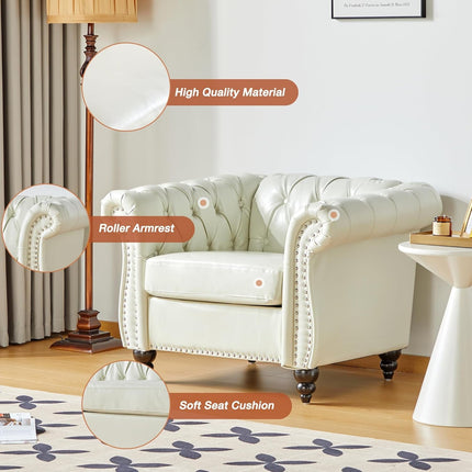 3 Piece Living Room Set, Chesterfield Faux Leather Sofa Loveseat Couch Chair with Scroll Arms and Nailhead for Living Room, Office (White)-4