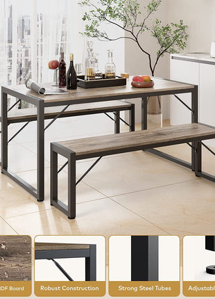 Dining Table Set for 4 with 2 Benches, Gray-4