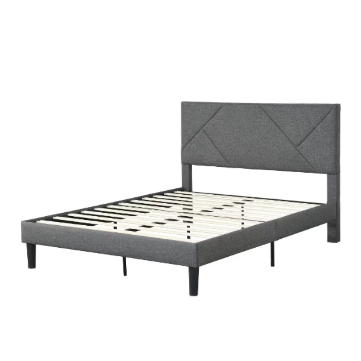 Gray upholstered bed frame on a white background