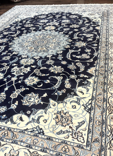 Persian Nain Rug 8x11, Navy Blue and Ivory, Handmade Wool Vintage Carpet, Floral Medallion-1