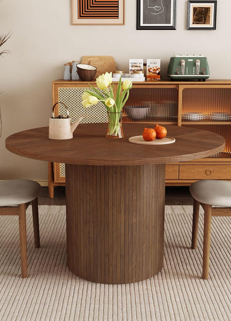 Round Dining Table for 4, Modern Farmhouse Kitchen Table, 47 Inch Small Circle Dining Tables with Wood Strip Base for Kitchen Living Room (Walnut)-0