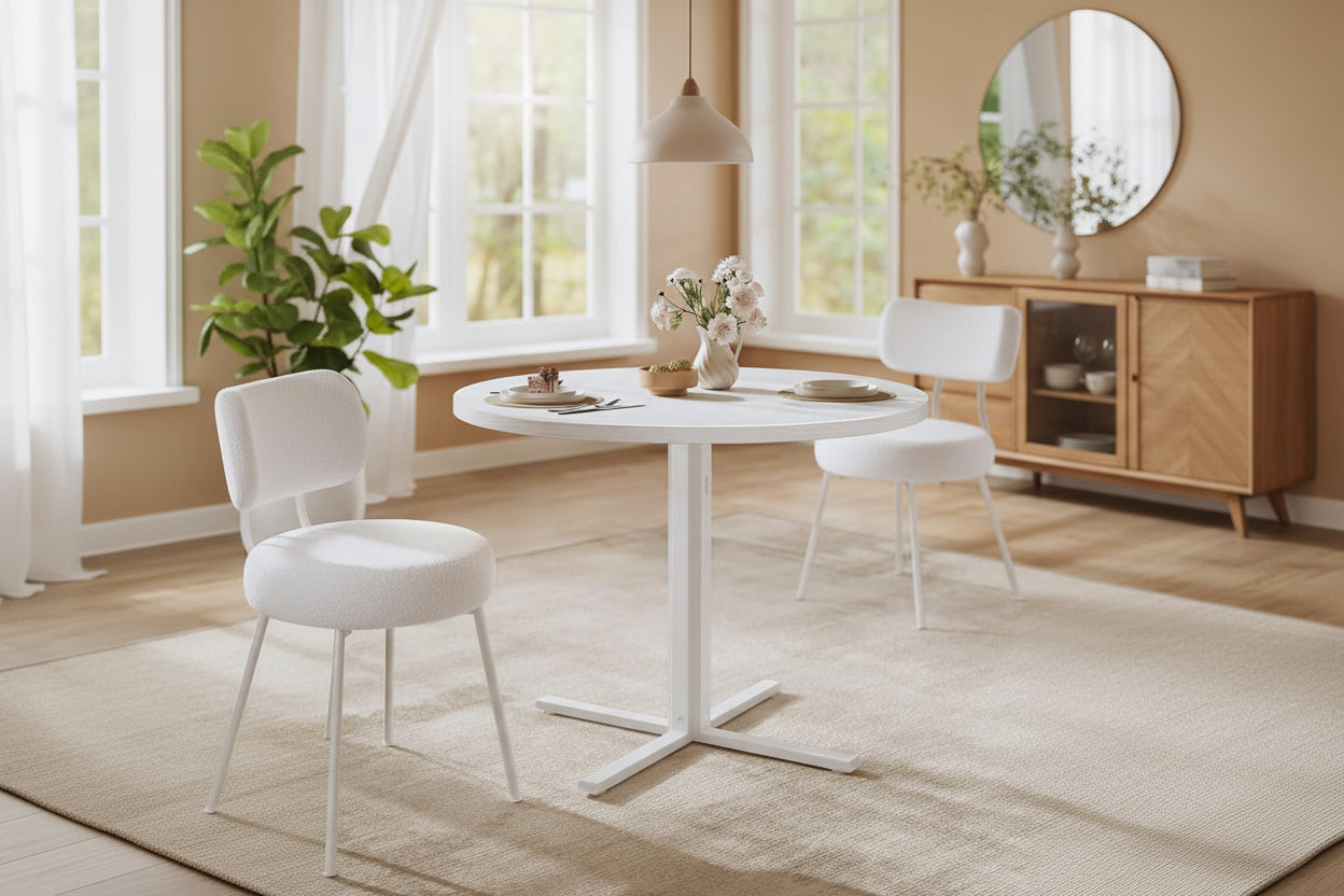 White dining table with chairs in a bright room, featuring the VASAGLE logo.