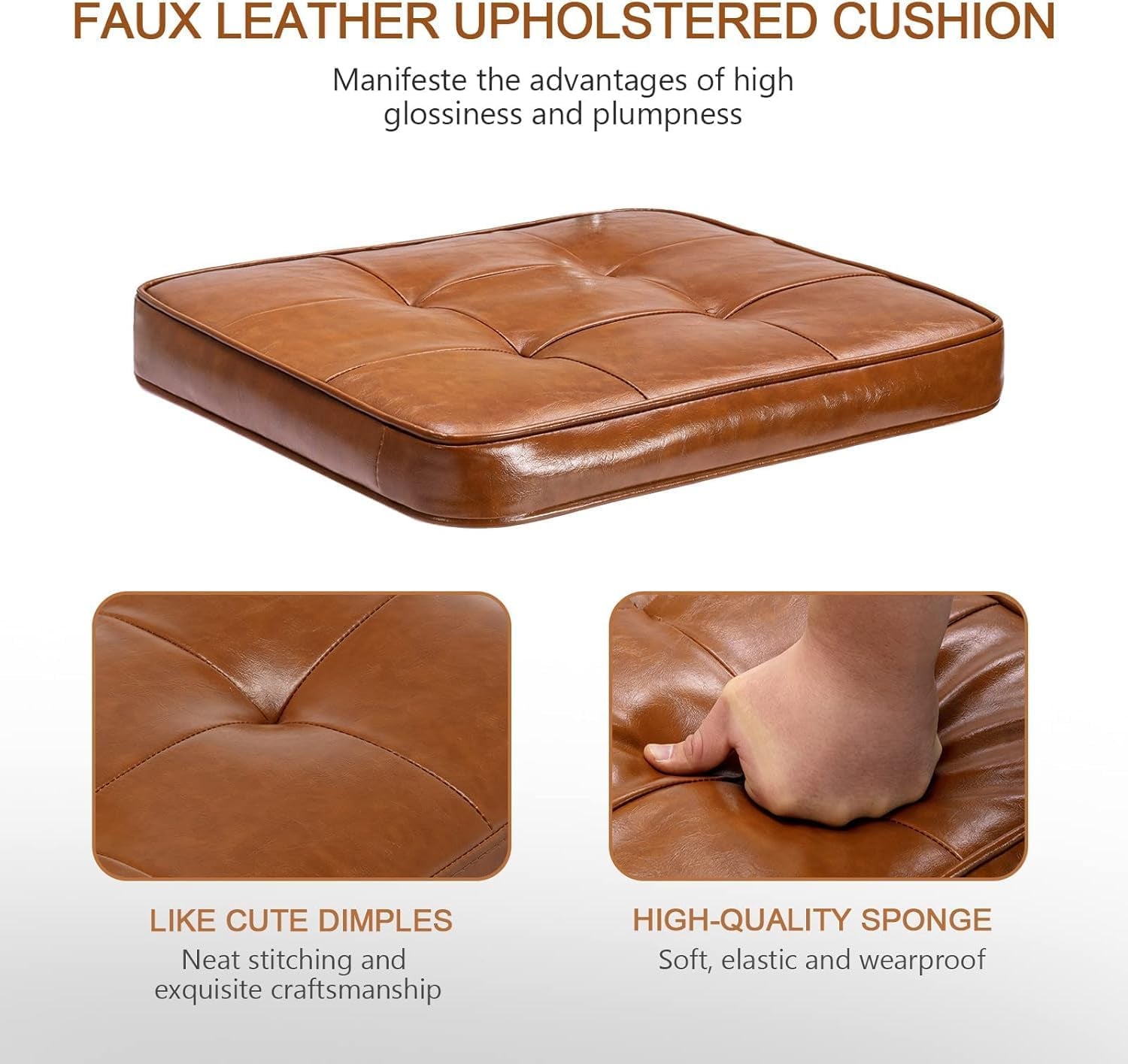 Brown faux leather upholstered cushion with close-up details on a white background