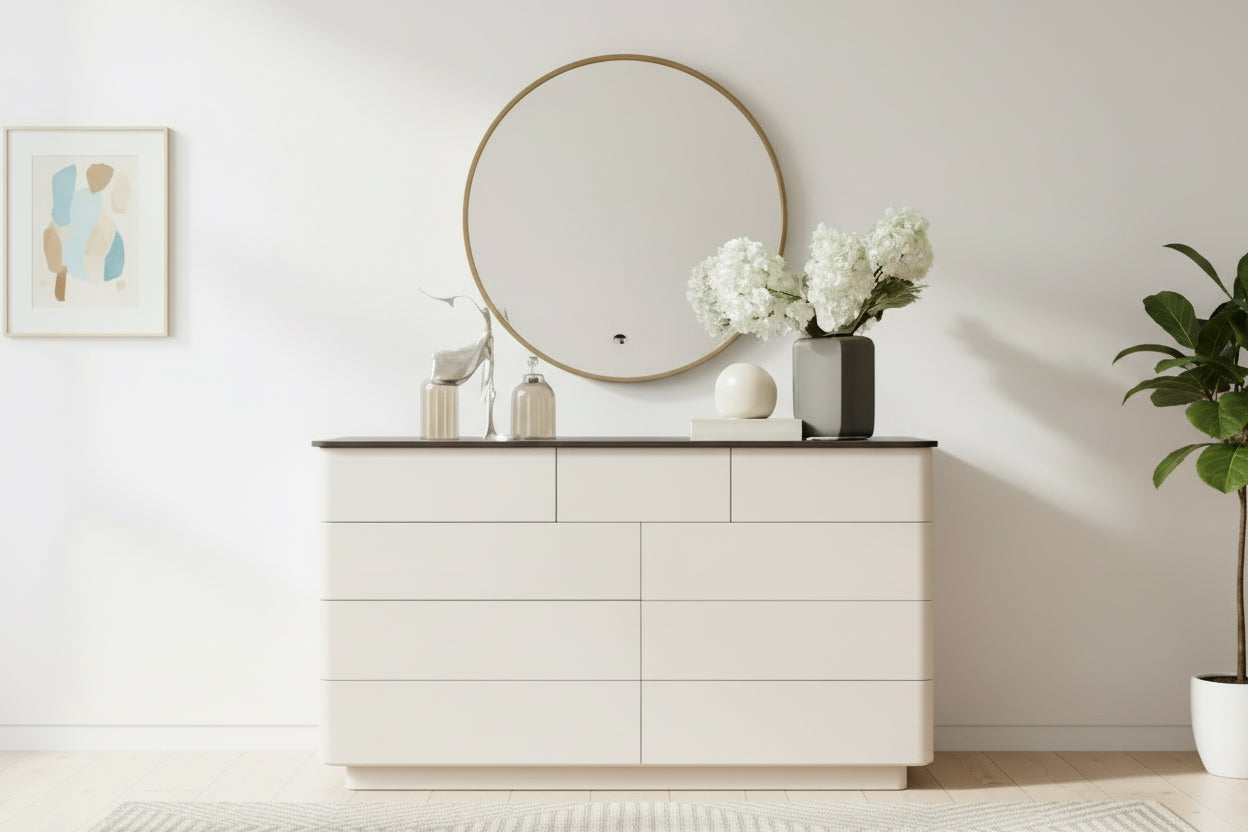 White dresser with decorative items against a warm orange wall