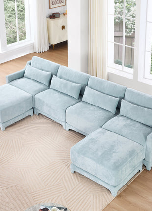 Elegant Four-Seater Sofa with Movable Ottoman and Lumbar Pillow in Sky Blue Chenille with Solid Wood Frame-1
