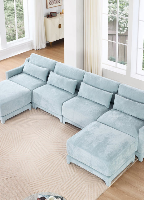 Elegant Four-Seater Sofa with Movable Ottoman and Lumbar Pillow in Sky Blue Chenille with Solid Wood Frame-1