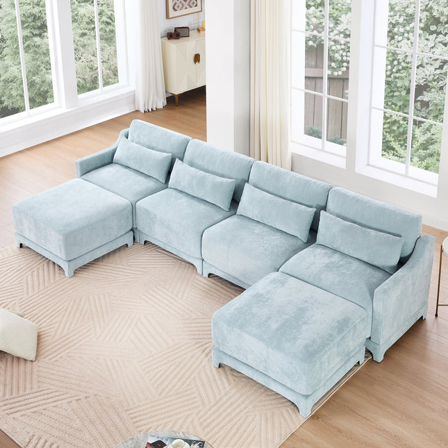 Elegant Four-Seater Sofa with Movable Ottoman and Lumbar Pillow in Sky Blue Chenille with Solid Wood Frame-1