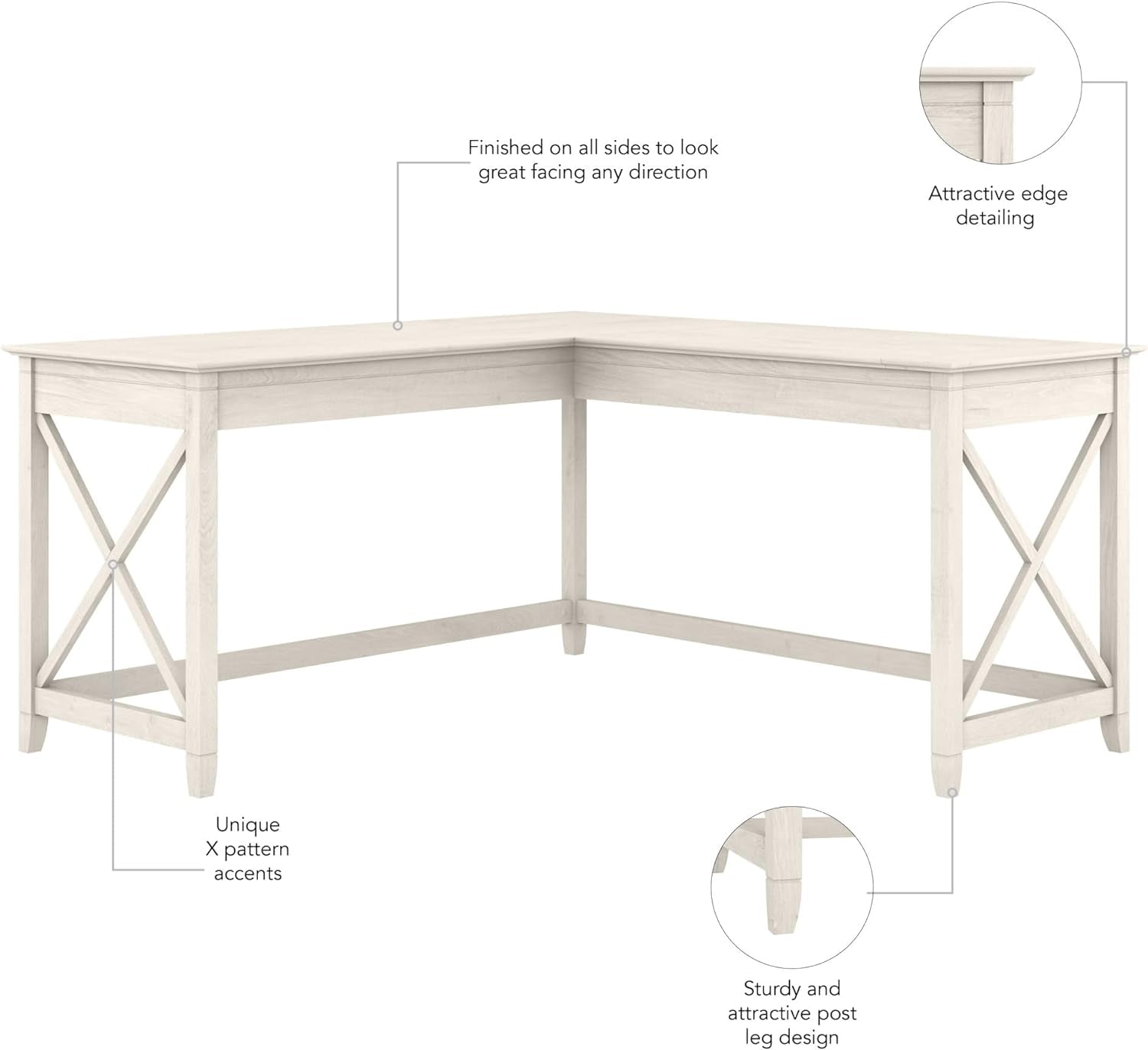 White L-shaped desk with X-pattern accents and detailed design elements on a white background.