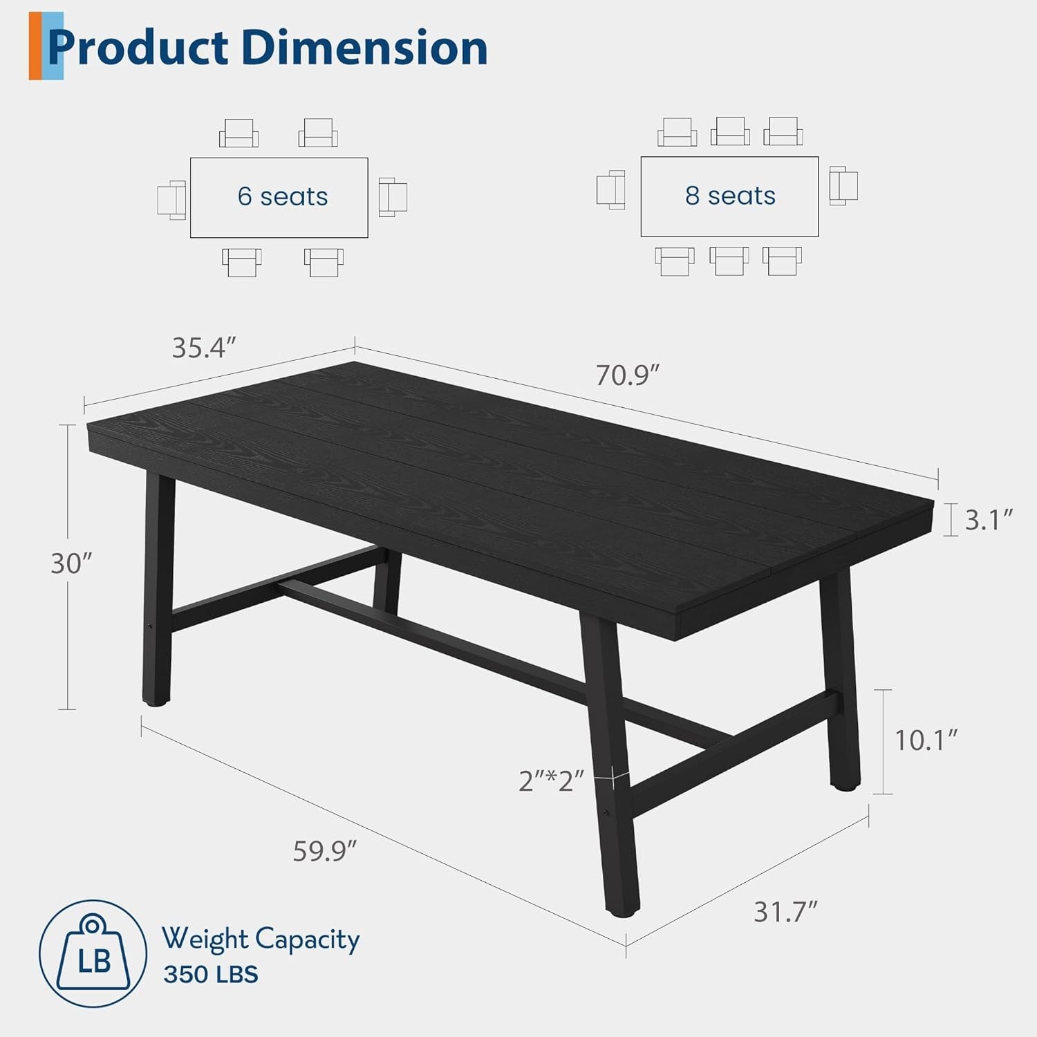 Dimensions of a black outdoor table with seating capacity indicators.