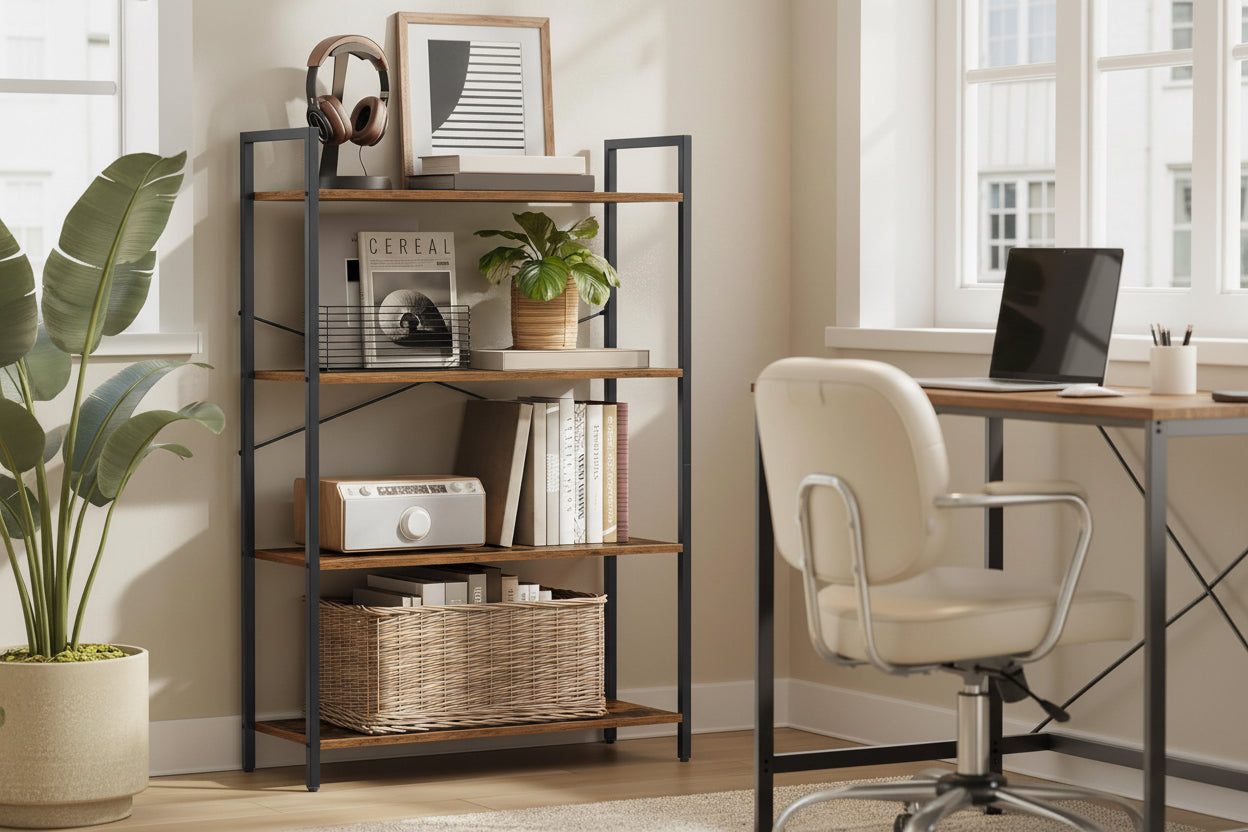 Vasagle bookshelf in a home office setting with decor items.