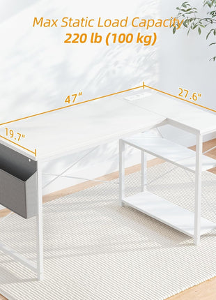 L Shaped Computer Desk with Power Outlets, 47 Inch Small Corner Desk with Reversible Shelves, Gaming Desk Computer Table Study Writing Desk for Home Office Small Space, White-2